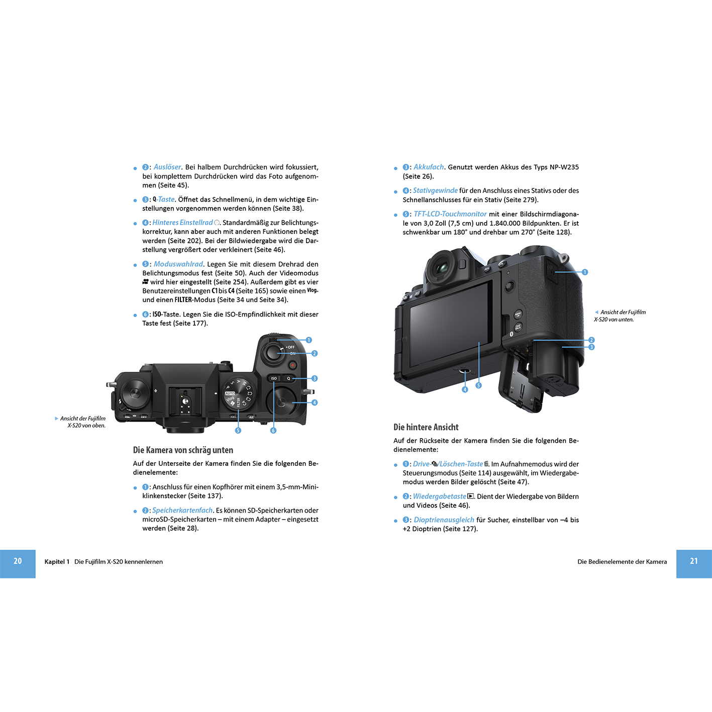 Kamera-Handbuch mit Diagrammen und Text auf Deutsch. Die Kamera ist im Hintergrund abgebildet.