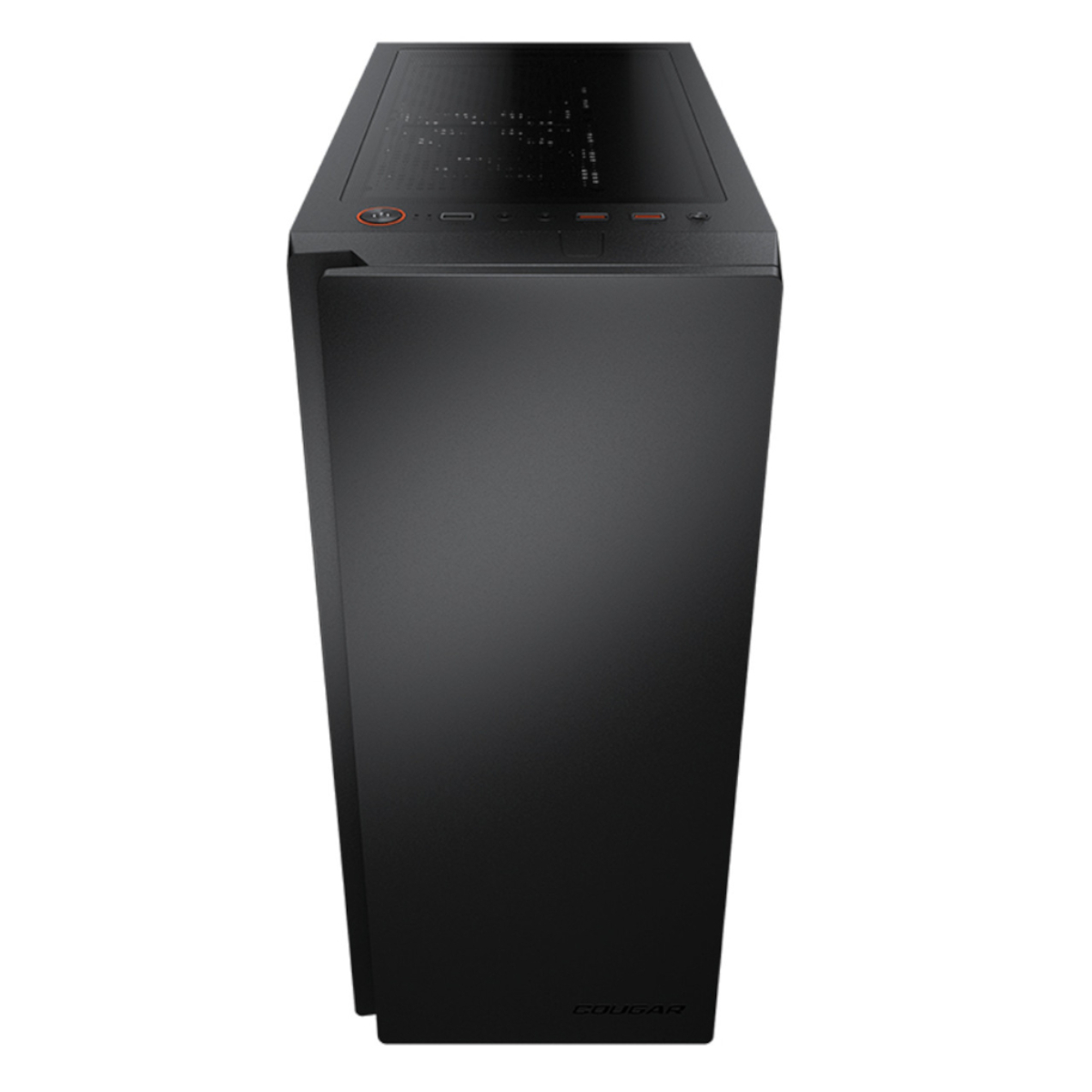 Caja de ordenador negra, vista superior. Logotipo de Cougar abajo.