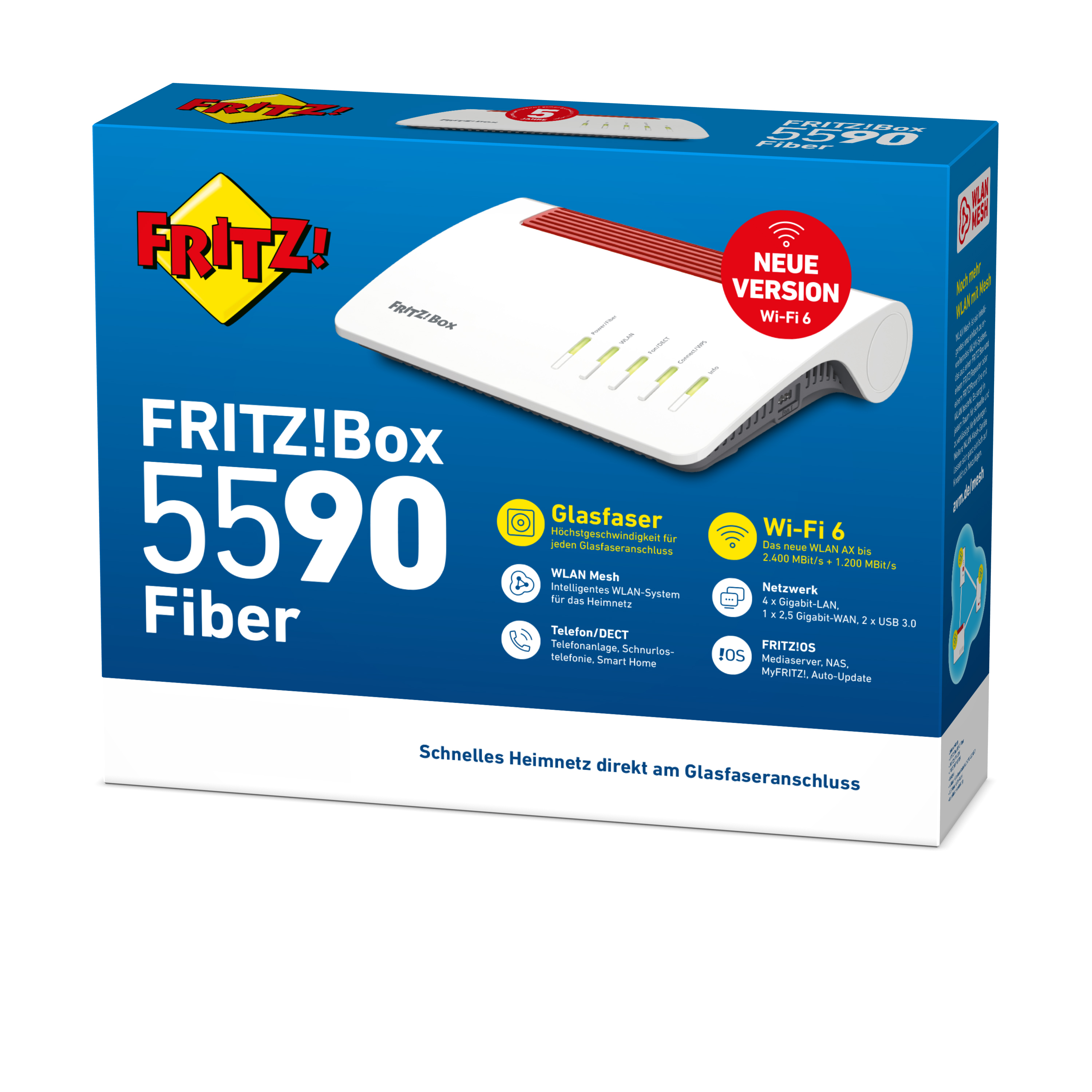 Biało-czerwone pudełko z tekstem i obrazami. Widnieje na nim napis FRITZ!Box 5590 Fiber, Wi-Fi 6 i inne funkcje.