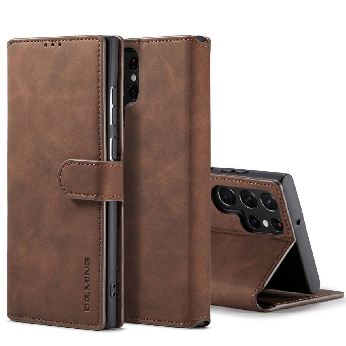 Braune Leder-Handyhülle, aufgeklappt, mit Telefon. Die Hülle hat einen Verschluss und Telefonmerkmale.