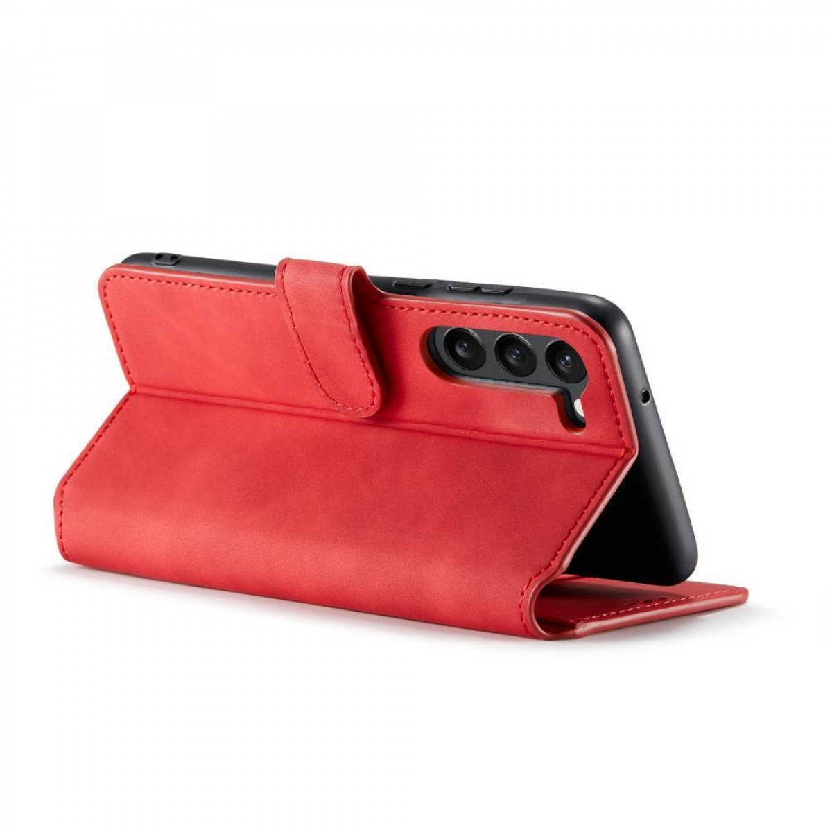 Rote Leder-Handyhülle mit Telefon, vor weißem Hintergrund.