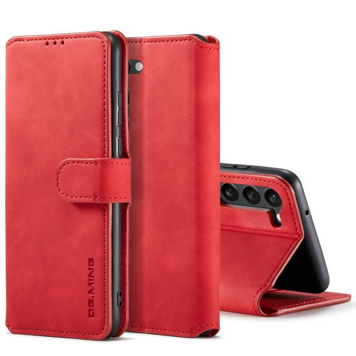 Rote Handyhülle mit Brieftaschen-Design und Knopfverschluss.