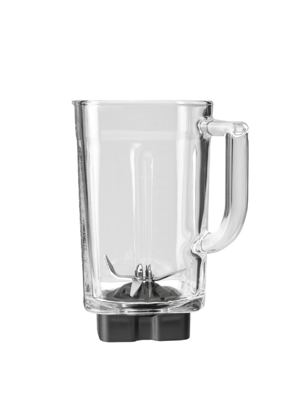 Ein klarer Glas-Mixerbehälter mit Griff und schwarzem Sockel mit Klingen im Inneren. Weißer Hintergrund.