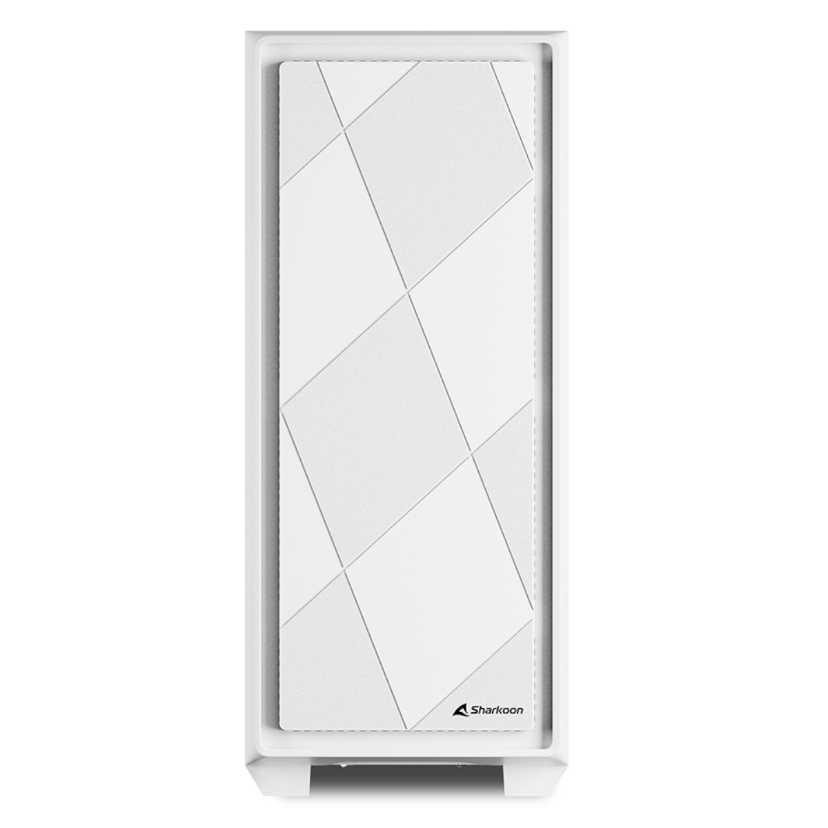 Panel blanco de carcasa de ordenador con diseño geométrico y logo Sharkoon, fondo blanco.