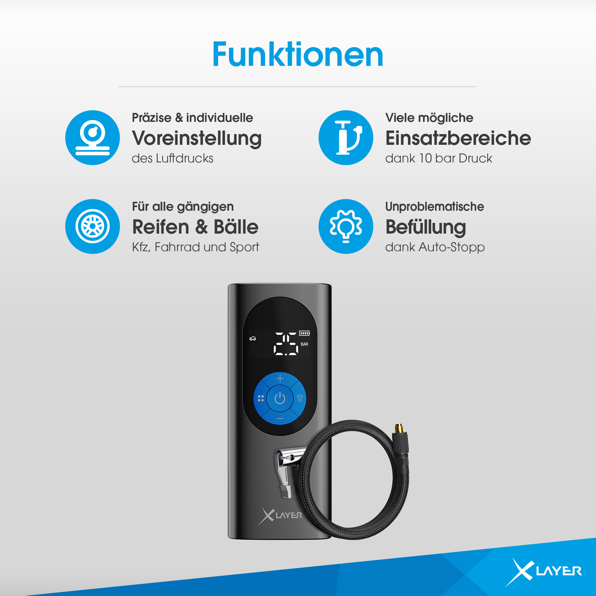 Eine schwarz-blaue Luftpumpe mit Digitalanzeige und Schlauch.