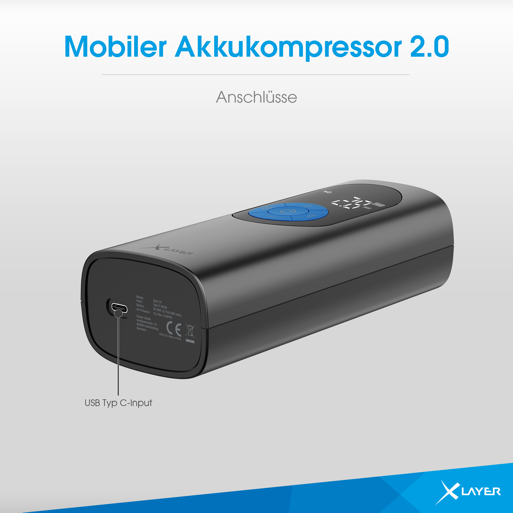 Schwarzer tragbarer Luftkompressor. Mit USB-C-Anschluss und Digitalanzeige.