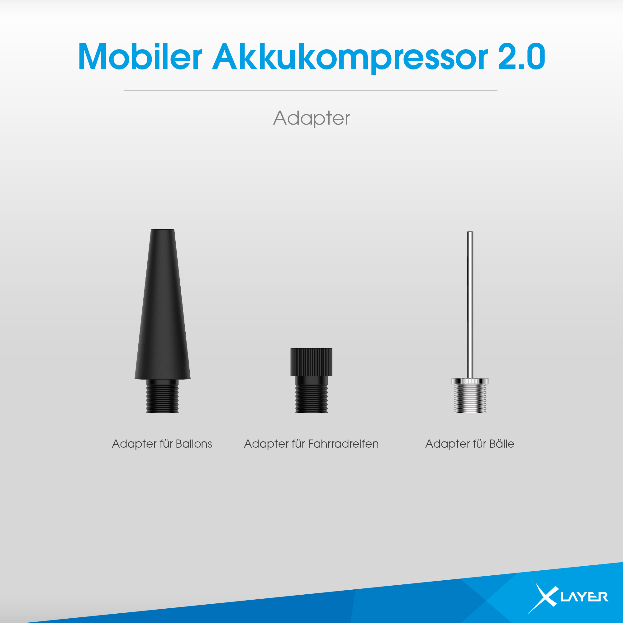Drei schwarze Adapter für einen Luftkompressor. Einer für Ballons, einer für Reifen und einer für Bälle.