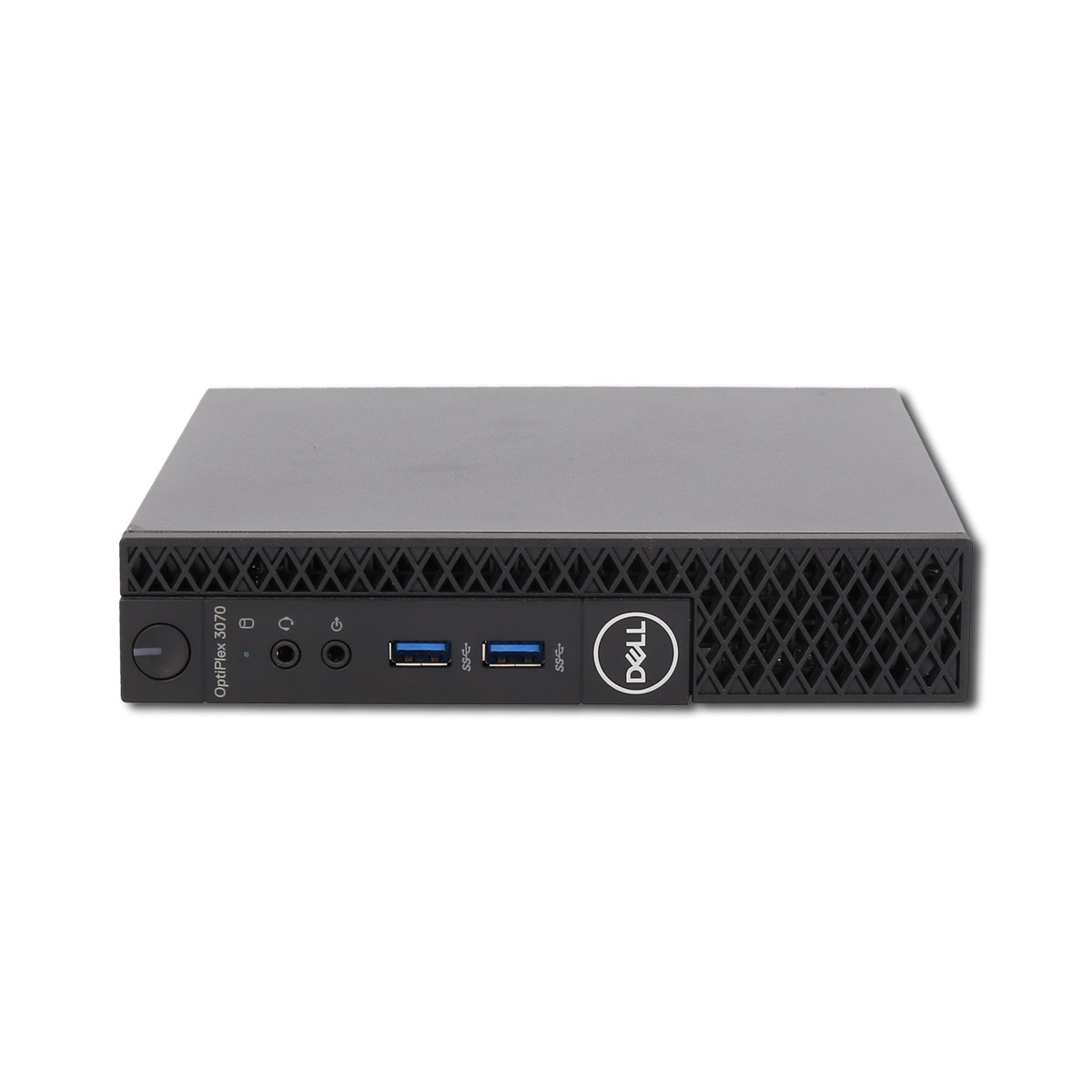 Un computer desktop Dell OptiPlex 3070 nero su sfondo bianco.