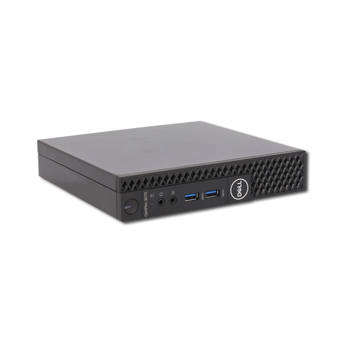Computer desktop Dell OptiPlex nero su una superficie bianca. Il logo Dell è visibile.