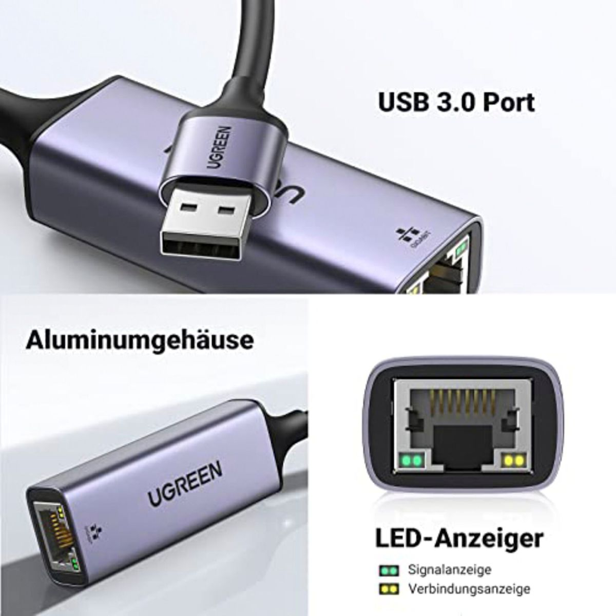 Ugreen USB 3.0 adaptörü, USB ve ethernet portları, etiketler ve LED göstergeleri.