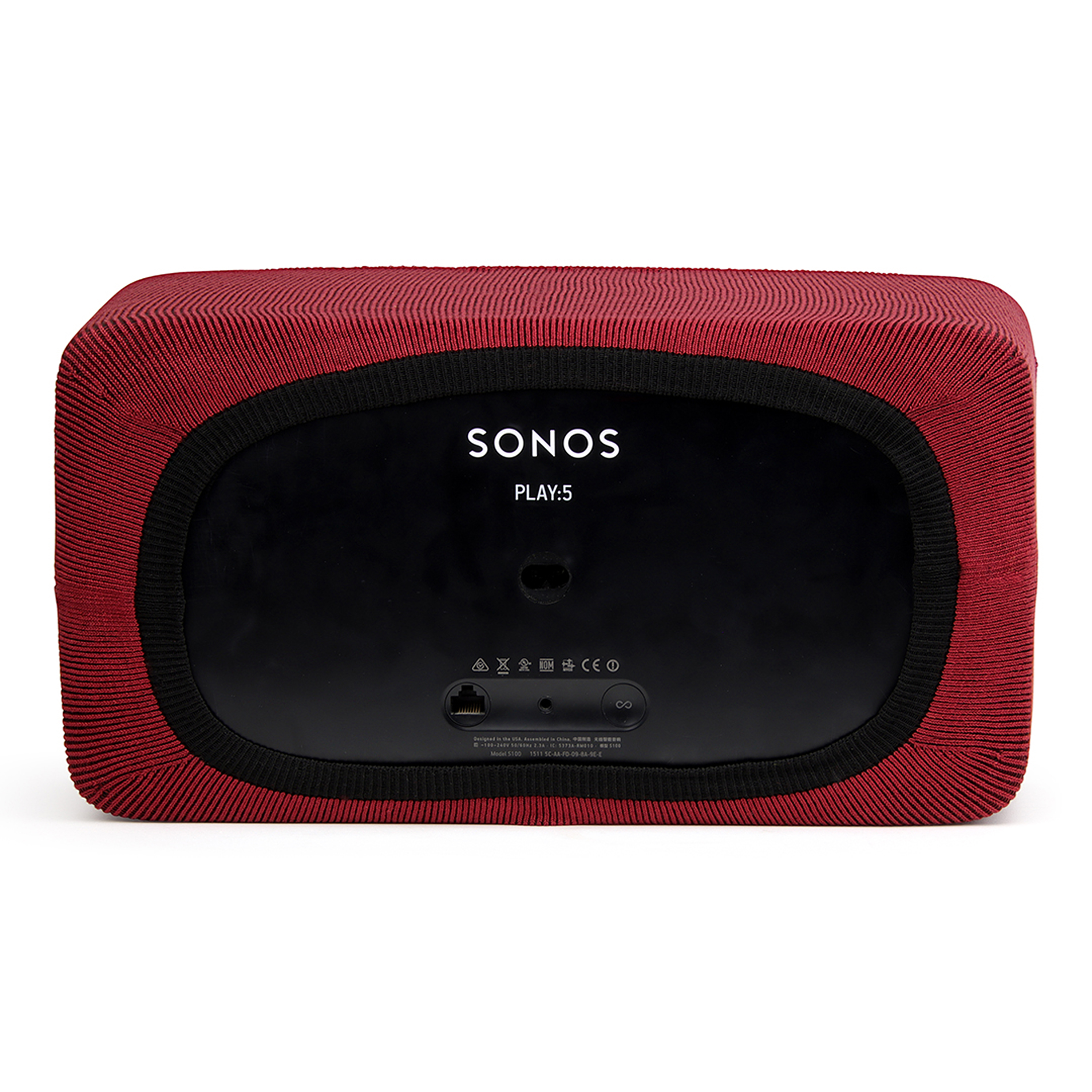Haut-parleur Sonos Play-5 avec housse en tissu rouge.