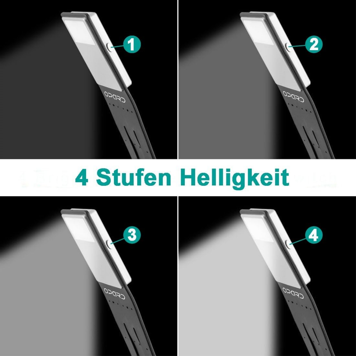 Vier Bilder einer Buchleuchte, die Helligkeitsstufen zeigen. Weiße und schwarze Farben.