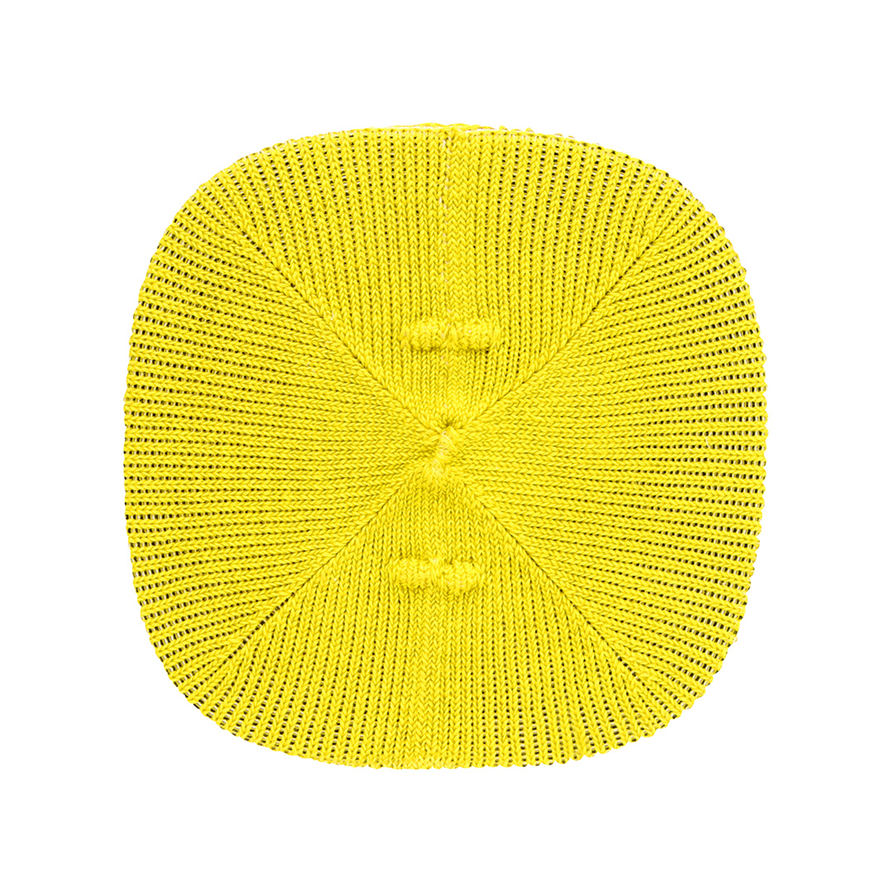 Tapis jaune, carré, tricoté avec une surface texturée et deux nœuds.