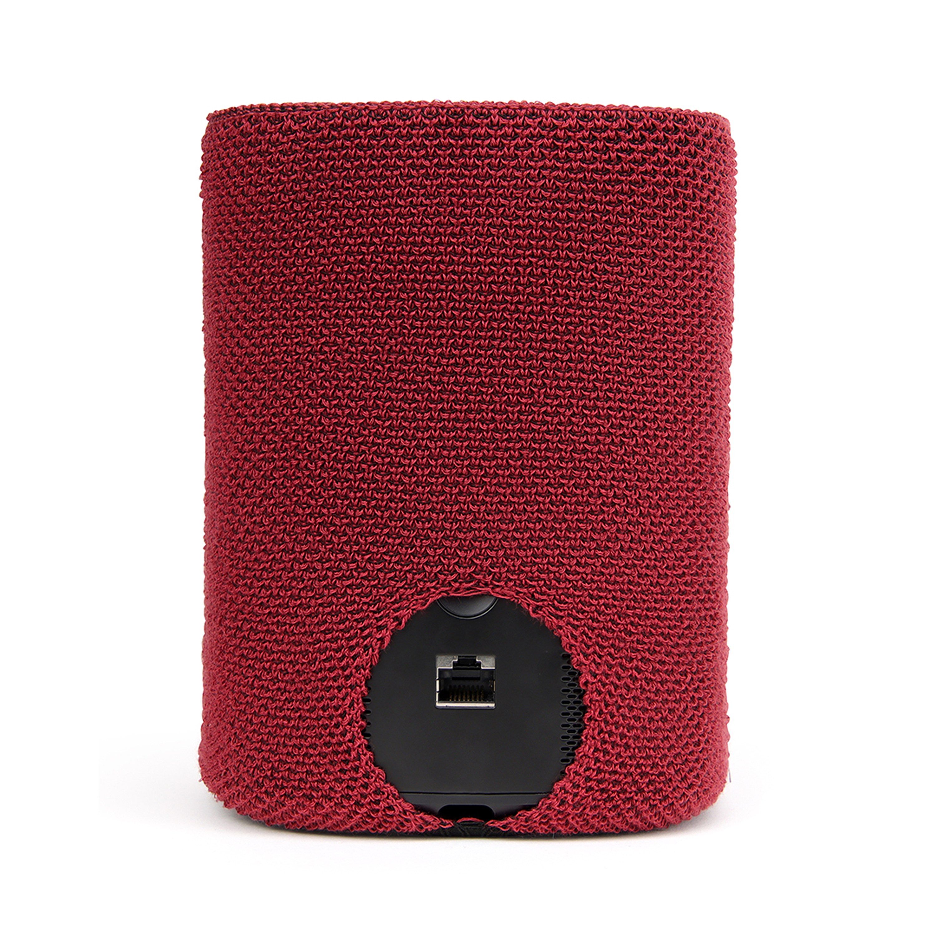 Housse d'enceinte rouge avec un motif en maille.