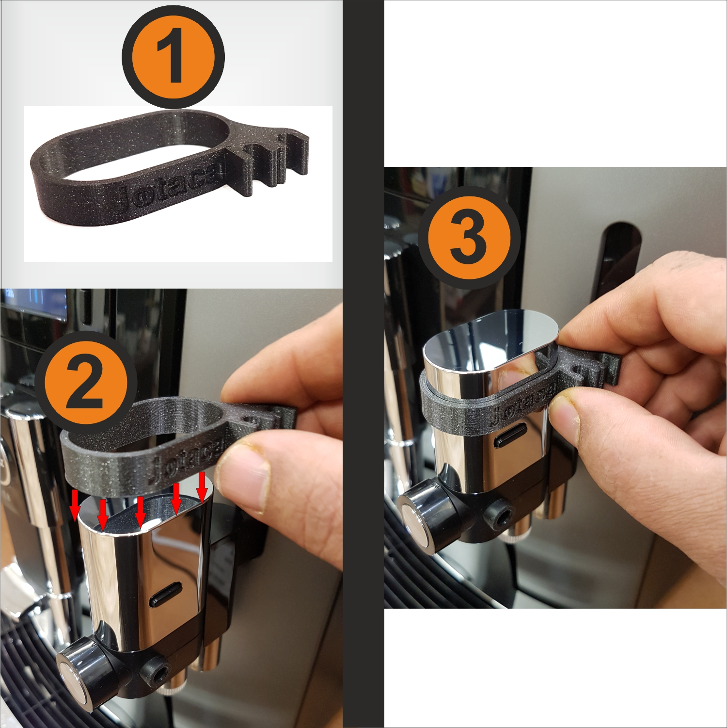 Schwarzes 3D-gedrucktes Werkzeug. Zeigt, wie es an ein silbernes Maschinenteil passt. Hände sind abgebildet. Teile sind mit 1, 2 und 3 beschriftet.