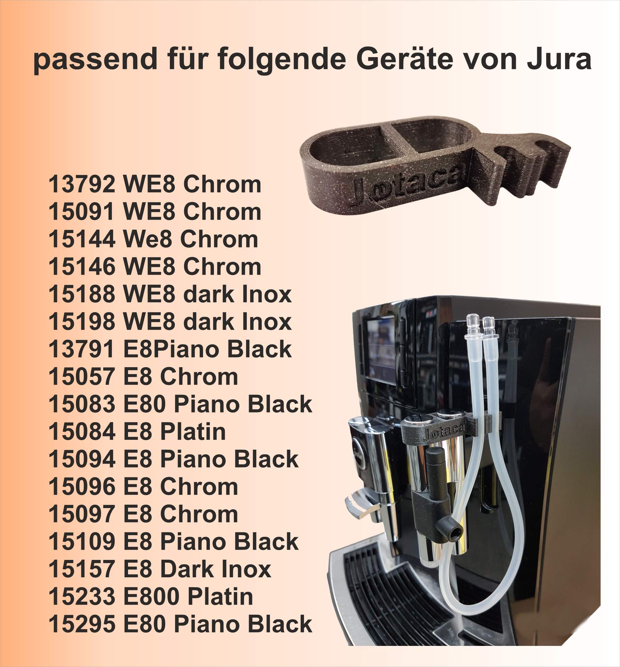 Ein Bild mit einer Kaffeemaschine und einer Auswahl kompatibler Teile, die mit Modellnummern versehen sind.