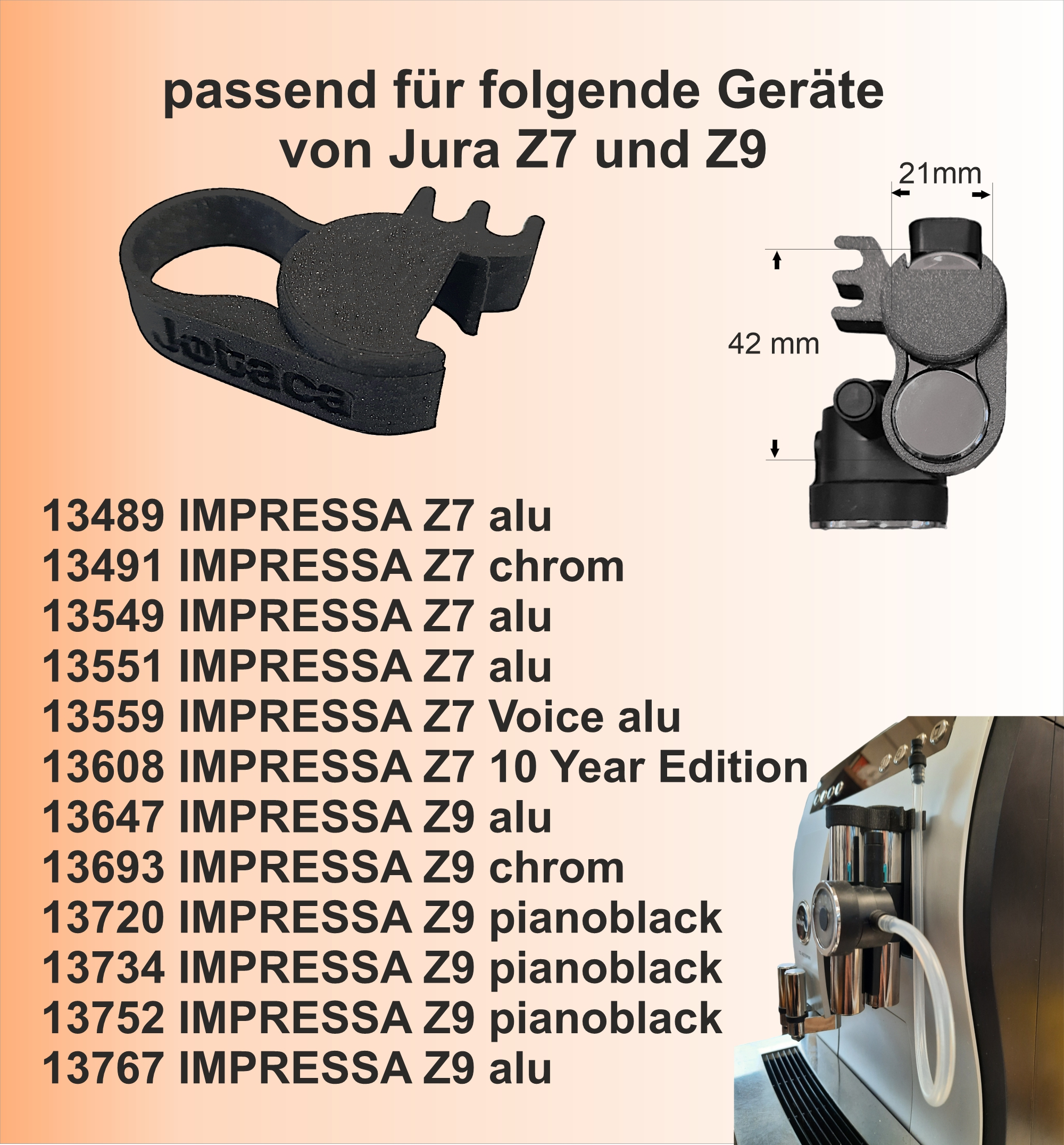 Schwarzes Kaffeemaschinenteil mit Text und Abmessungen, neben der Kaffeemaschine.