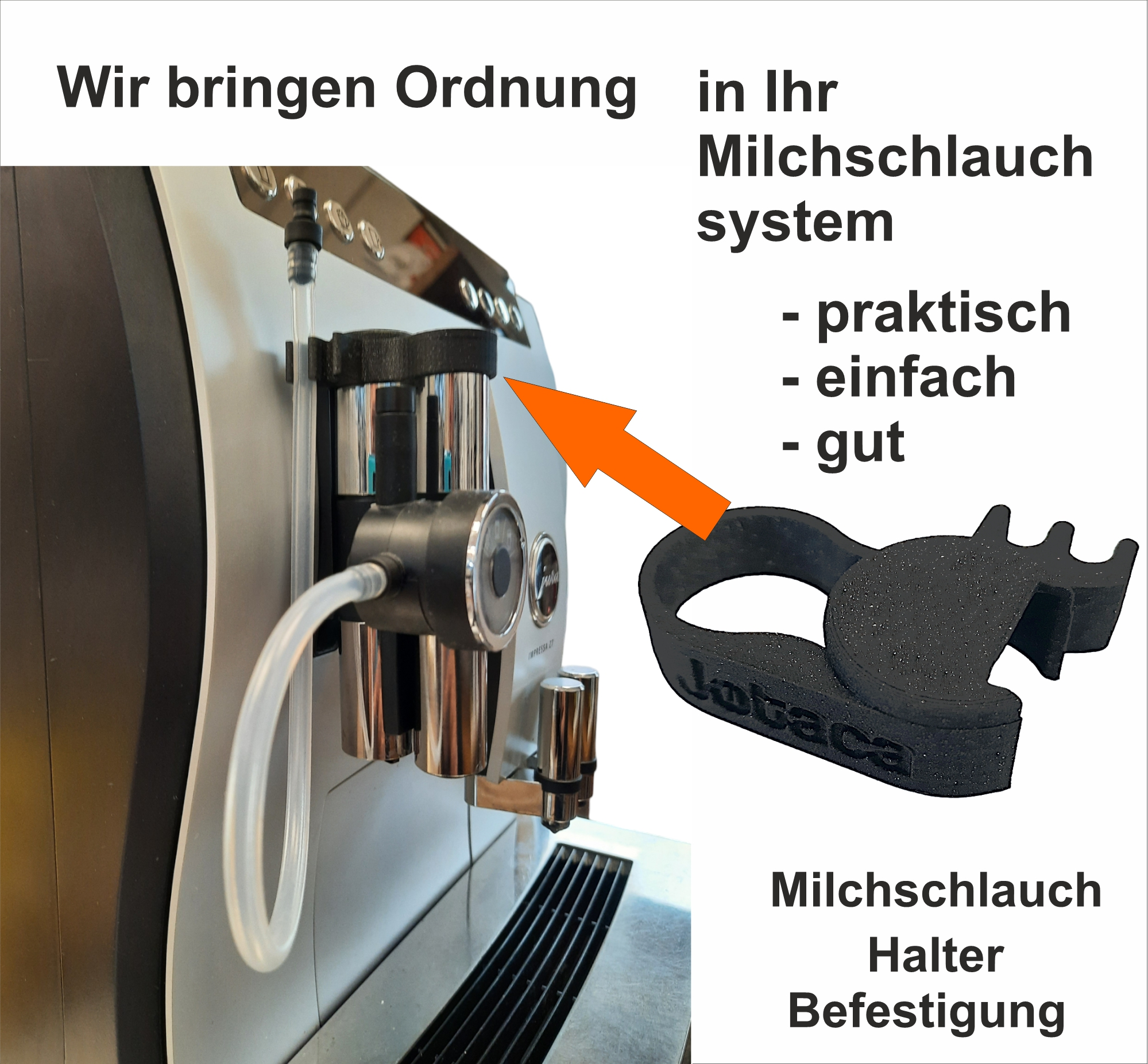 Ein orangefarbener Pfeil zeigt auf ein schwarzes Gerät, das an einer Kaffeemaschine befestigt ist, begleitet von Text.