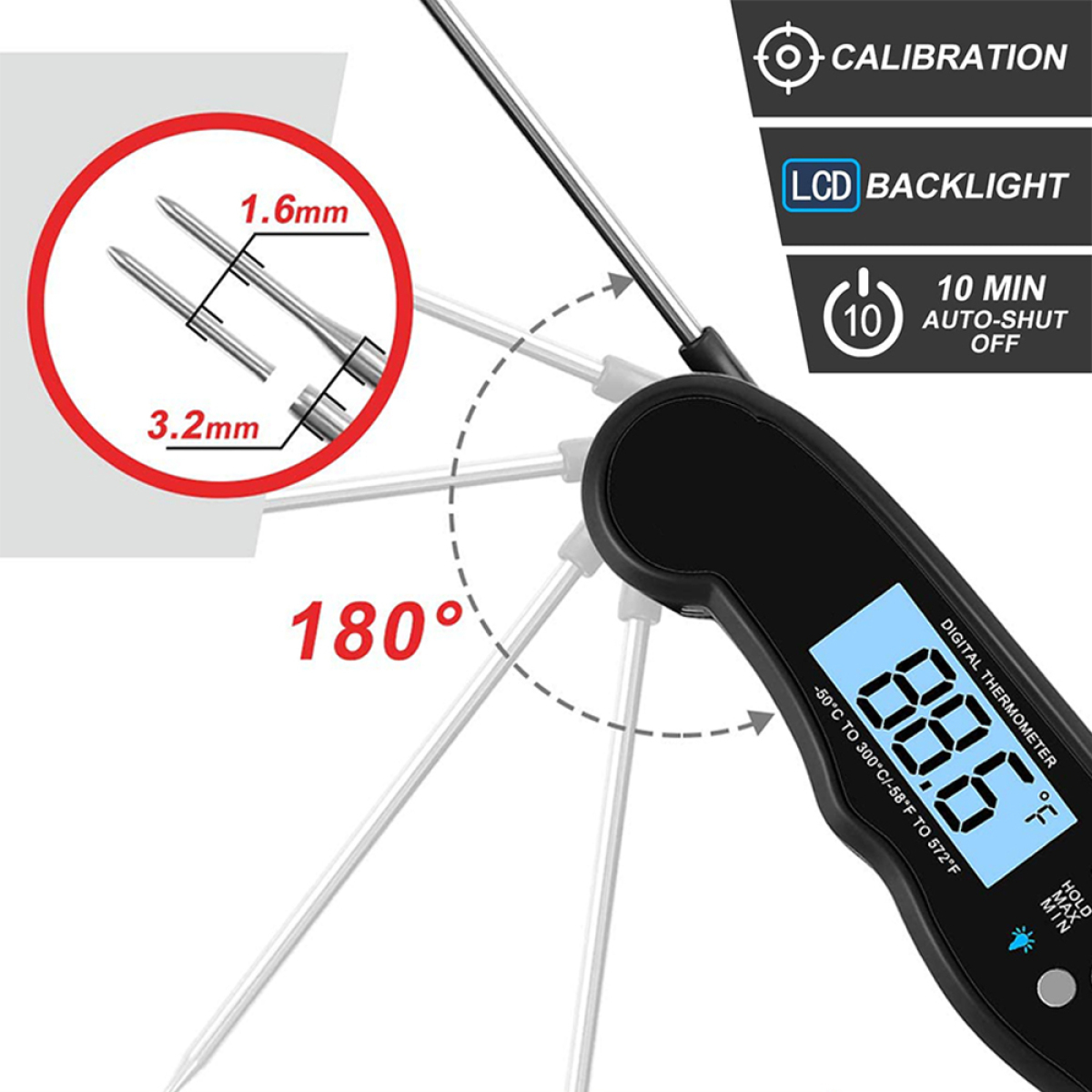 Digitales Thermometer mit LCD-Anzeige und Sonde. Das Thermometer ist schwarz und misst 88,6°F.