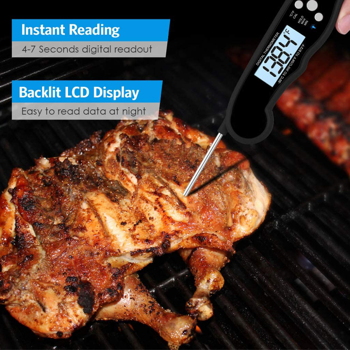 Ein digitales Thermometer mit 138,4 °F wird in gegrilltes Hähnchen gesteckt. Text lautet 'Instant Reading'.