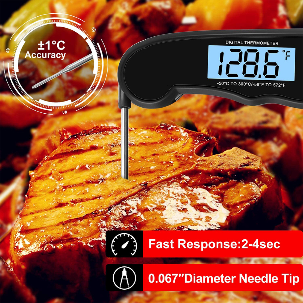 Thermometer in Fleisch. Digitalanzeige zeigt 128,6°F. Text zeigt schnelle Reaktion und dünne Nadel.