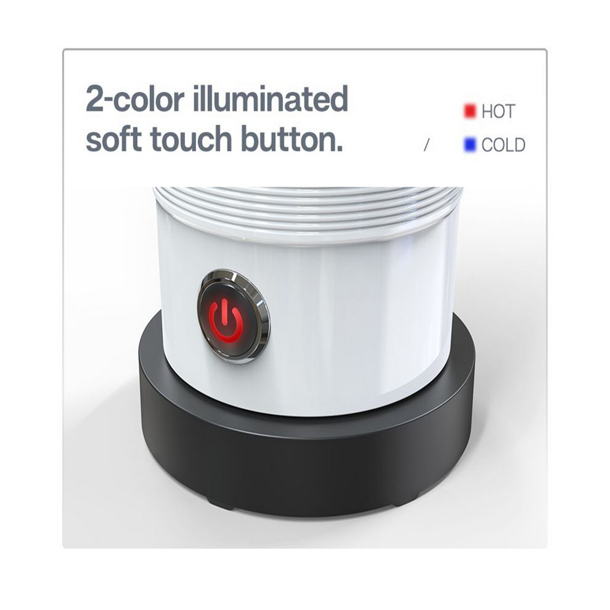 Białe urządzenie z czerwonym przyciskiem zasilania.