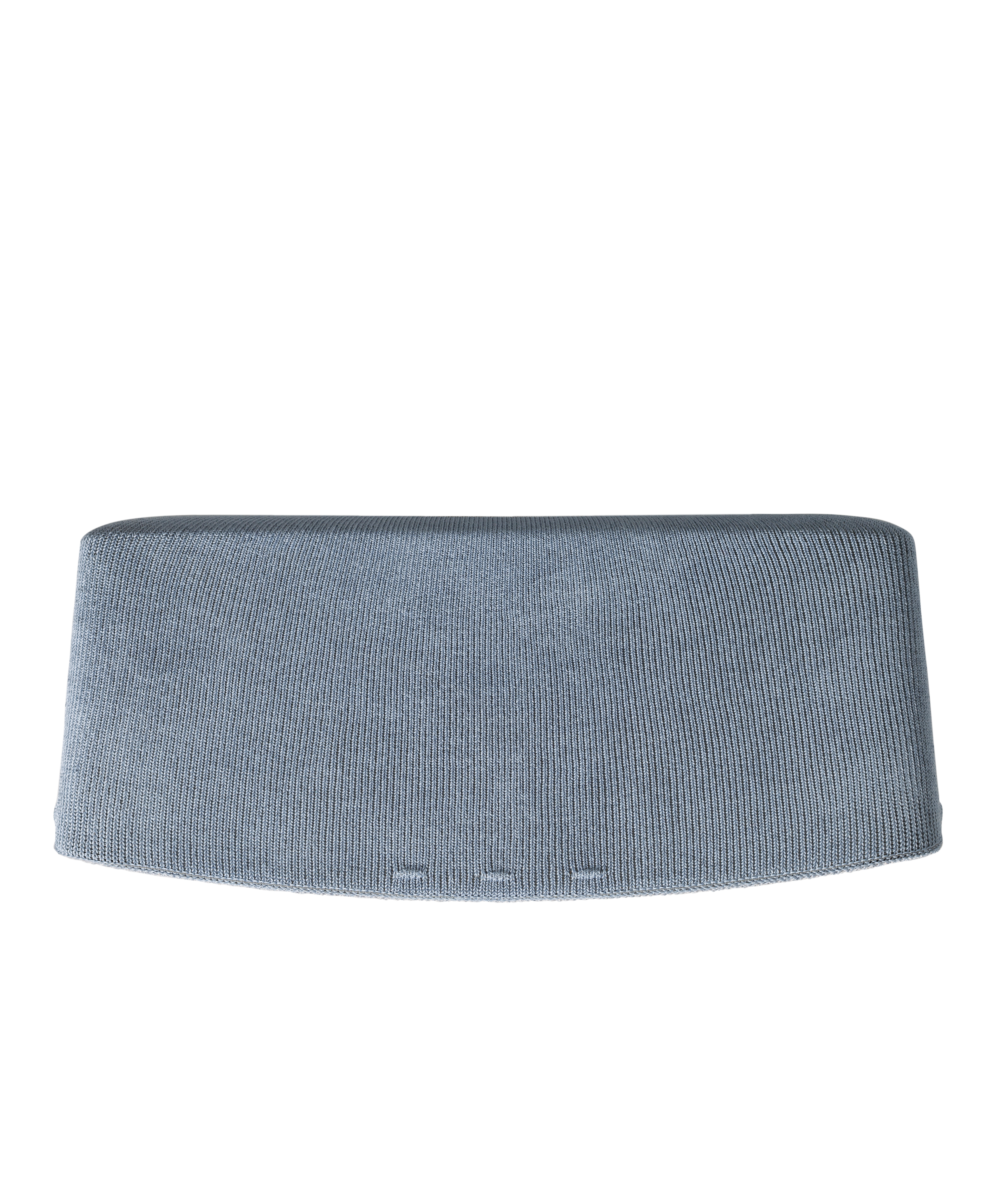 Un objet rectangulaire incurvé bleu clair, peut-être un haut-parleur, sur fond blanc.