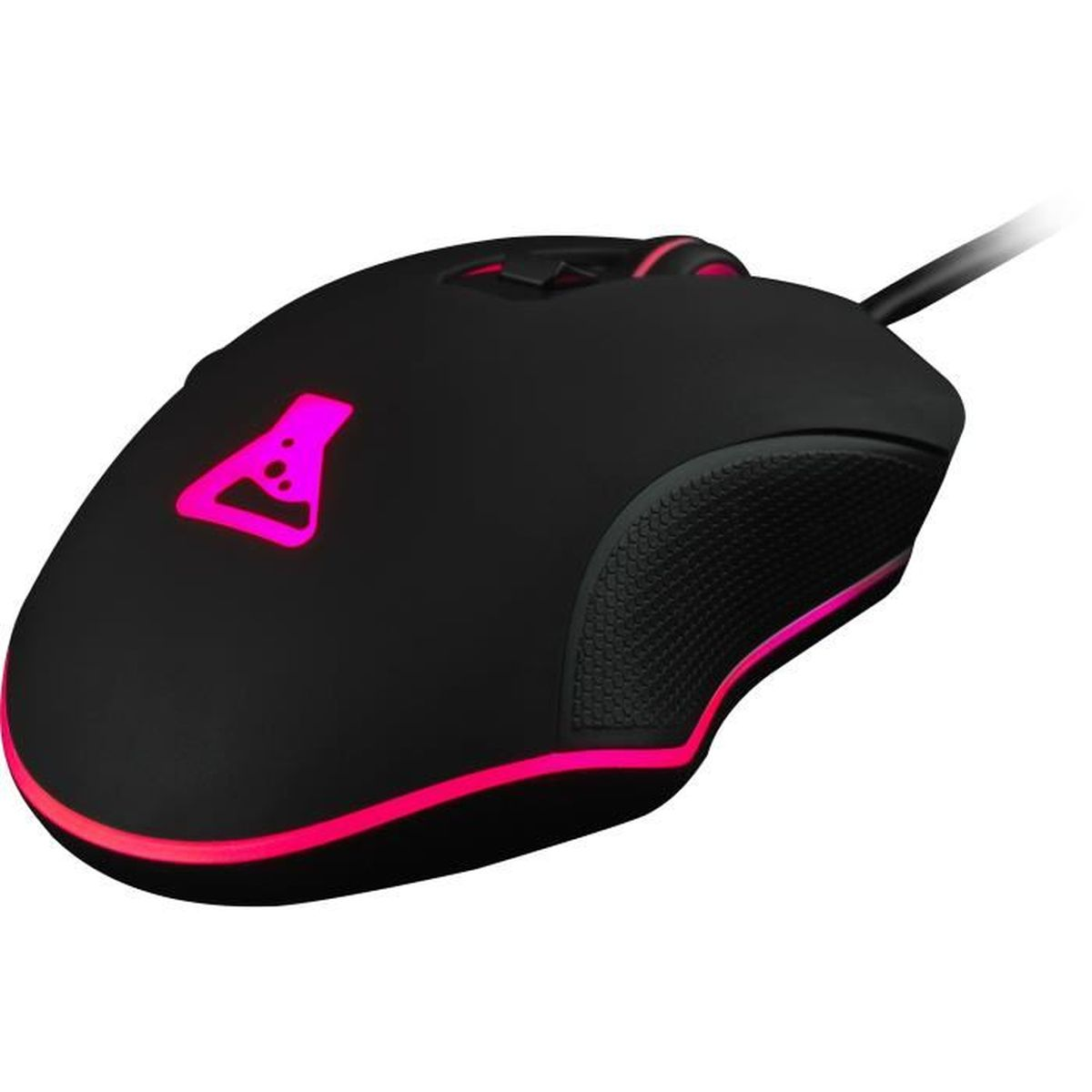 Czarna mysz gamingowa z różowymi akcentami i logo. Izolowana na białym tle.