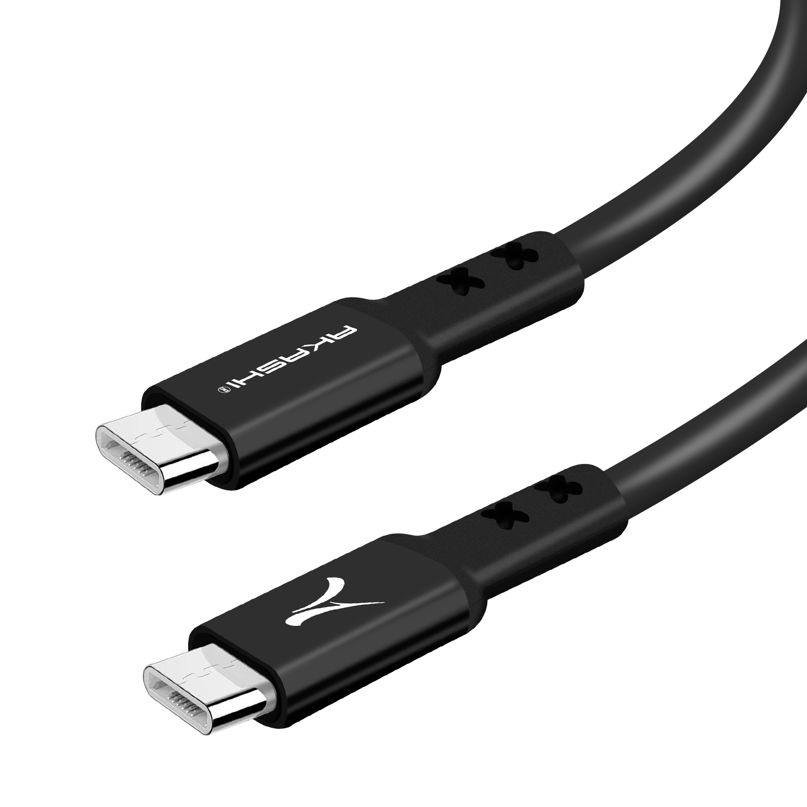 Due cavi USB-C neri, angolati, con il logo AKASHI sui connettori, su sfondo bianco.