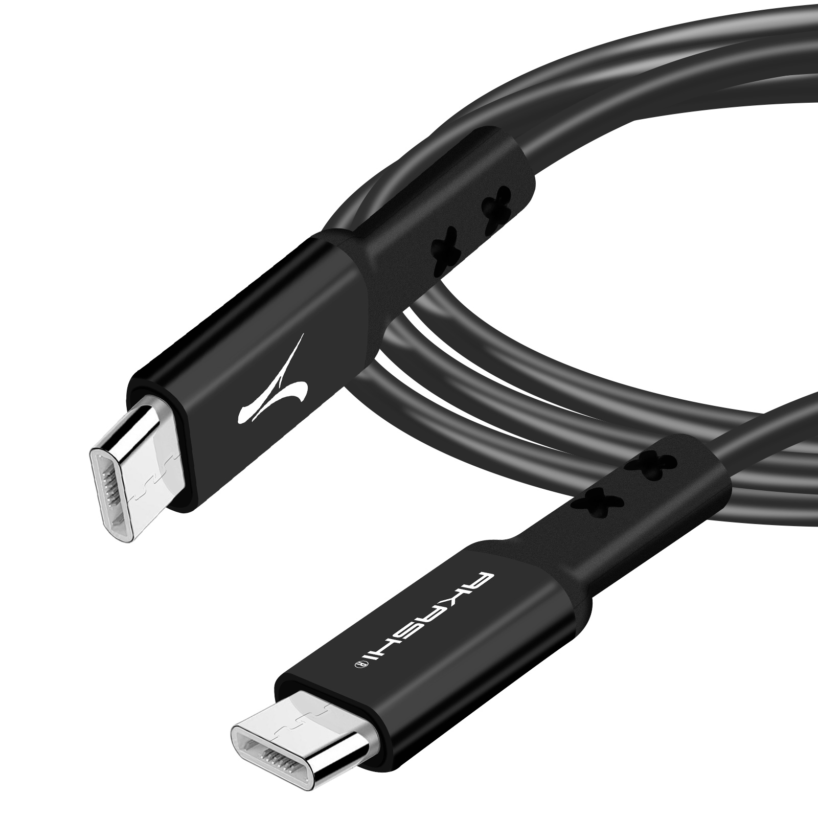 Cavi USB-C Akashi neri con connettori a ciascuna estremità su sfondo bianco.