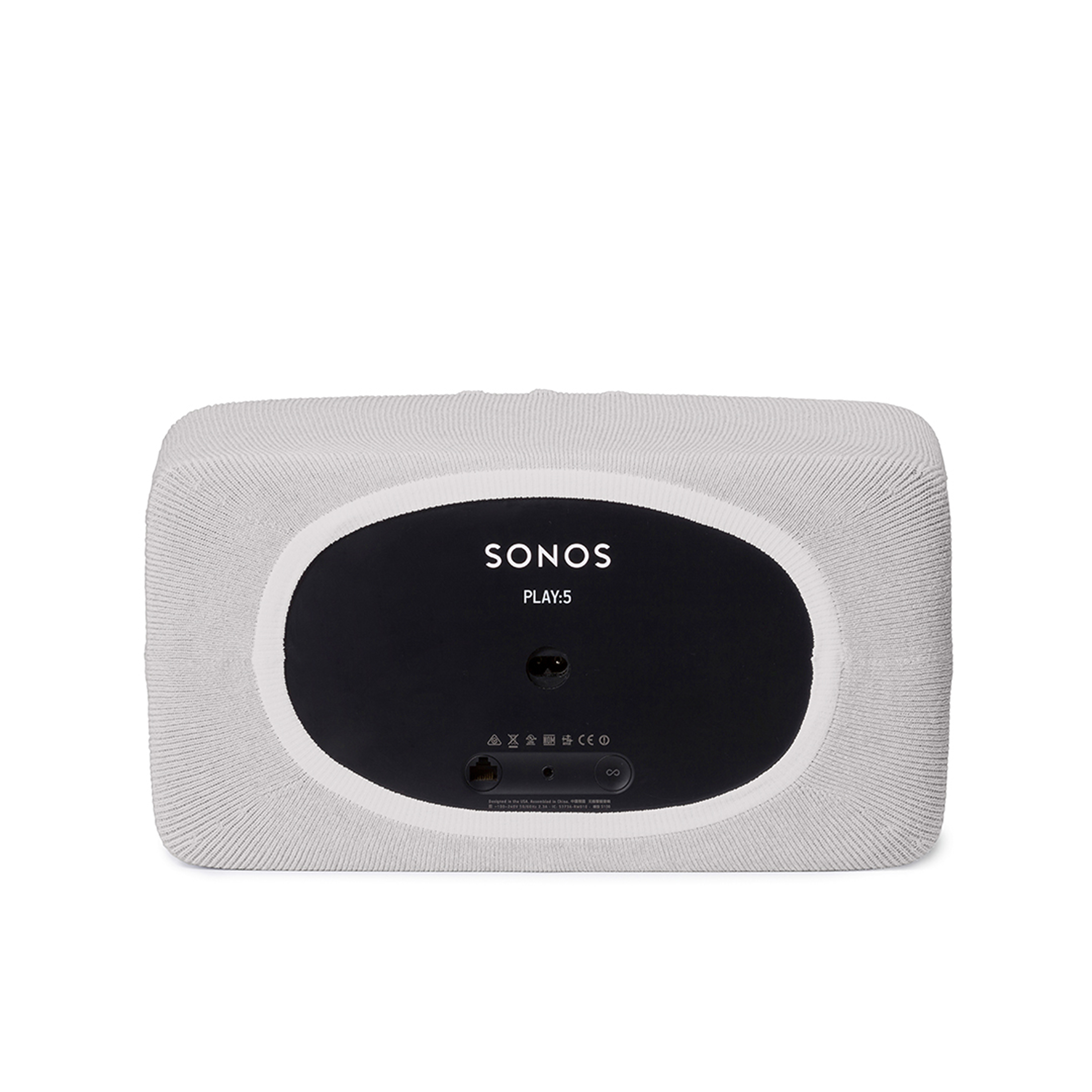 Enceinte Sonos blanche avec un ovale noir et du texte blanc au dos.