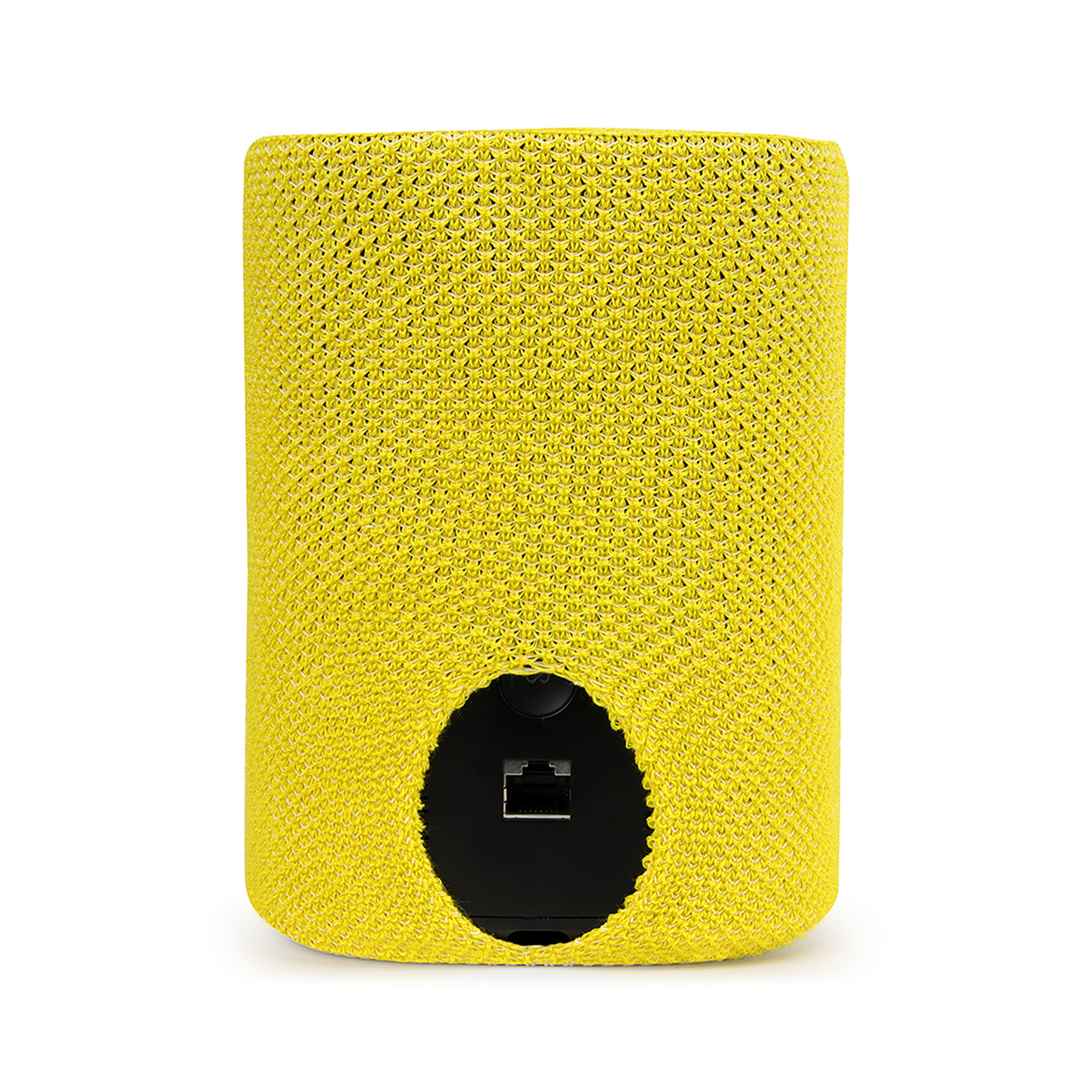 Haut-parleur jaune avec dos noir et port Ethernet.