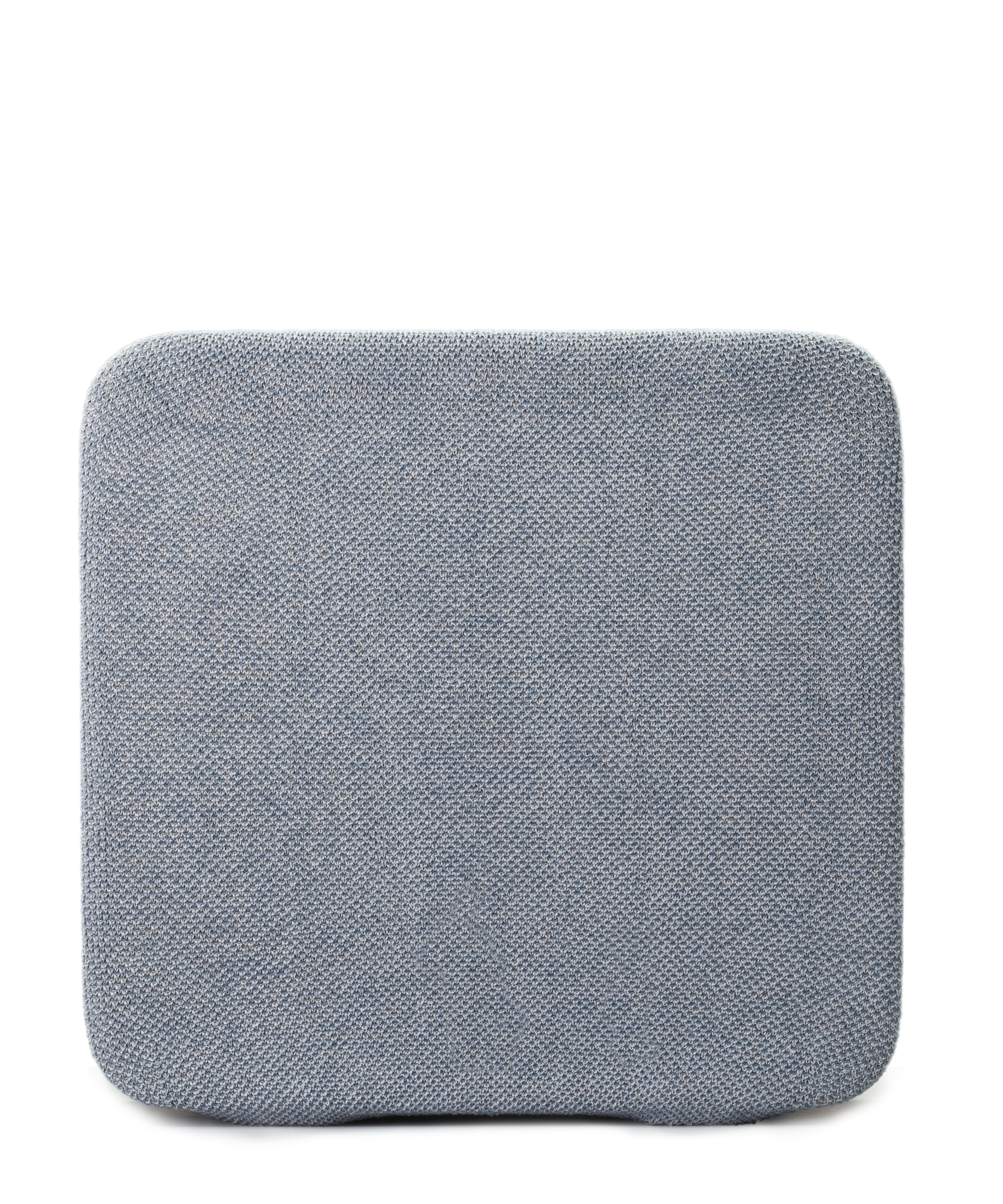 Un coussin carré texturé bleu clair avec des coins arrondis, sur fond blanc.