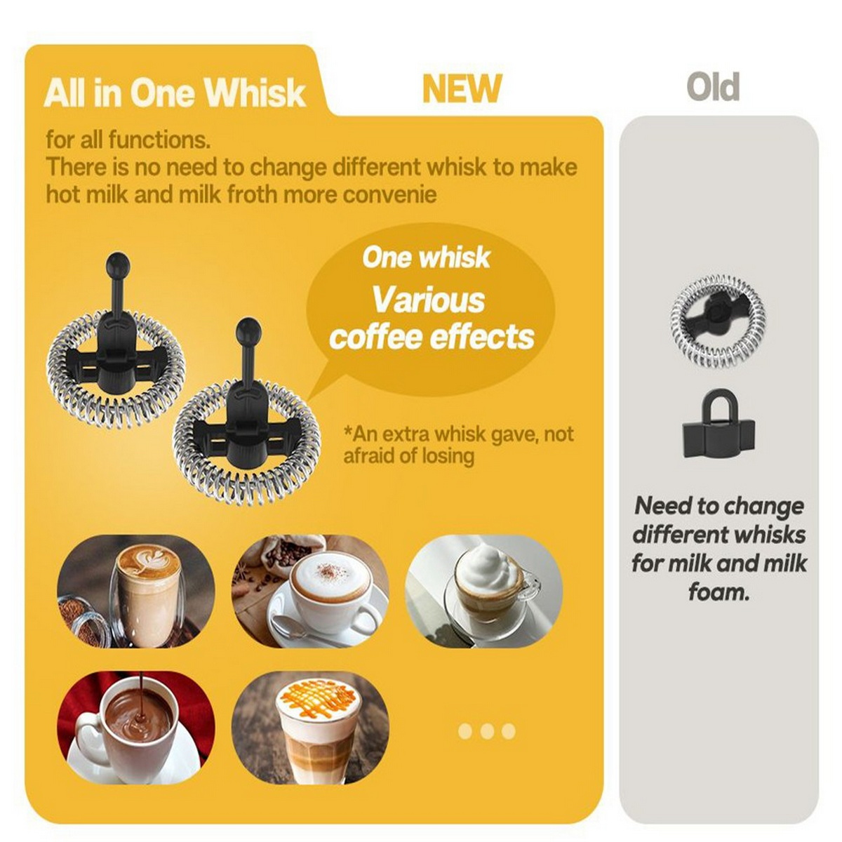 Obraz spieniacza do mleka pokazujący różne efekty kawy.