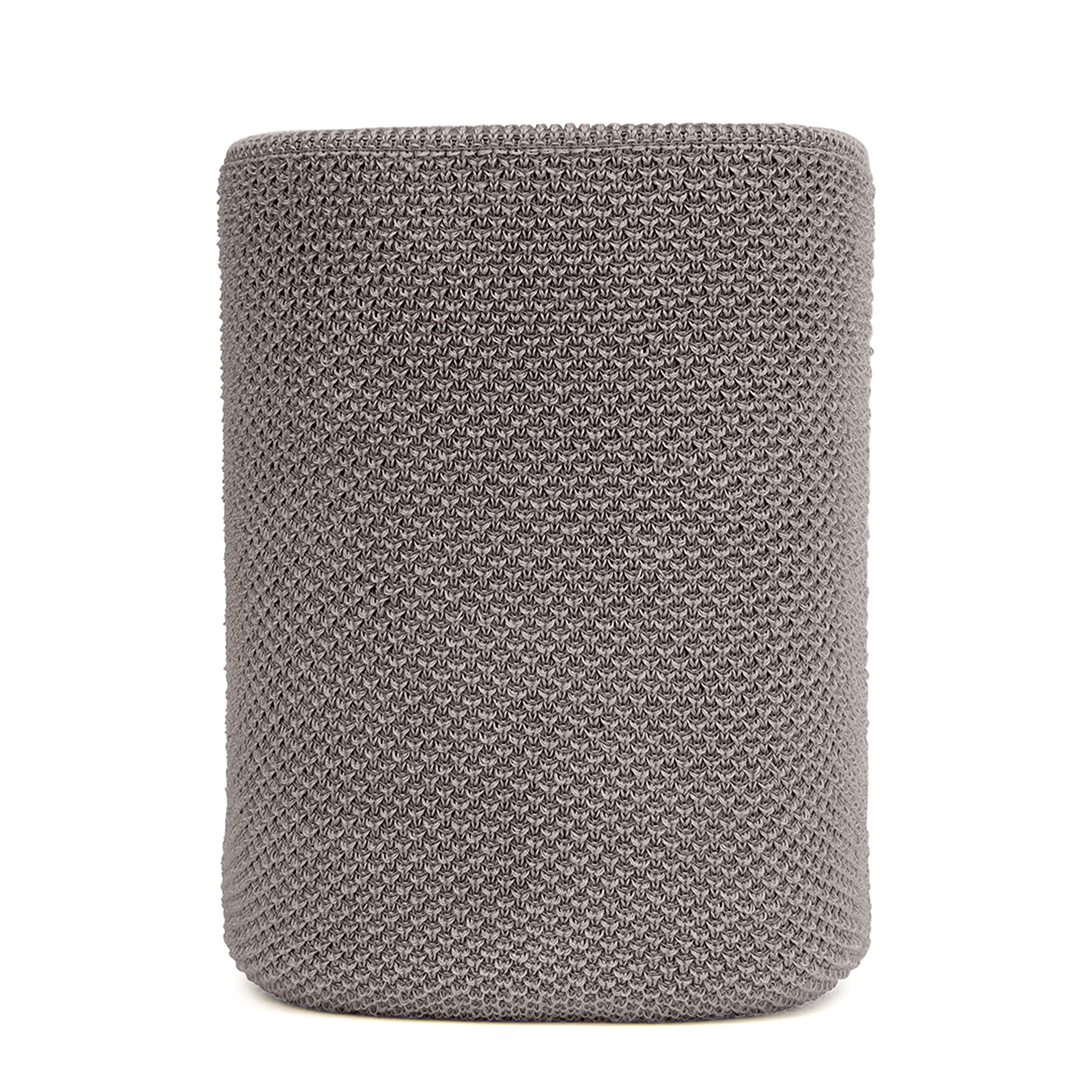 Haut-parleur cylindrique gris recouvert d'un tissu texturé avec un dessus et un dessous lisses.