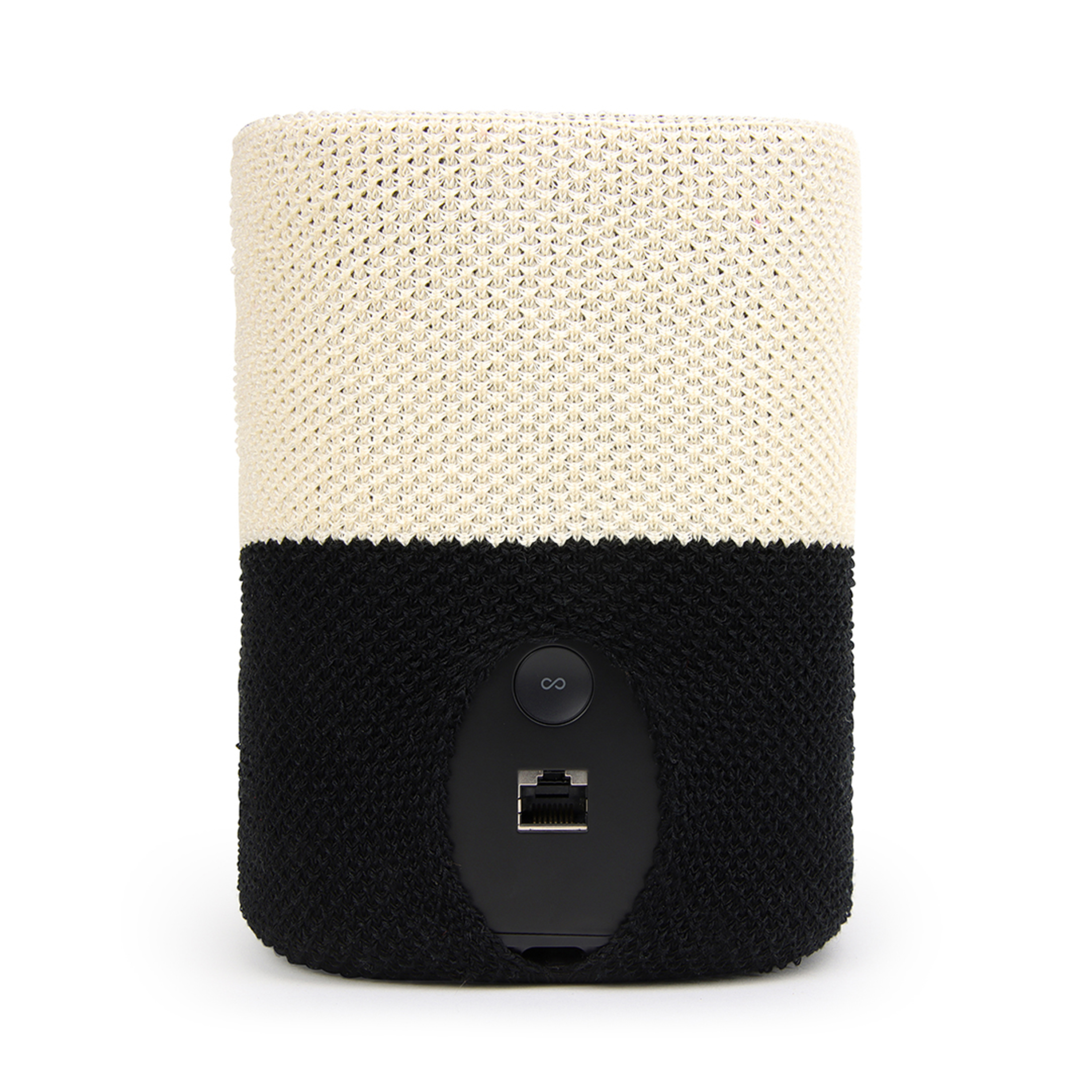 Un haut-parleur noir et blanc avec une base noire et un dessus blanc. Fond blanc.