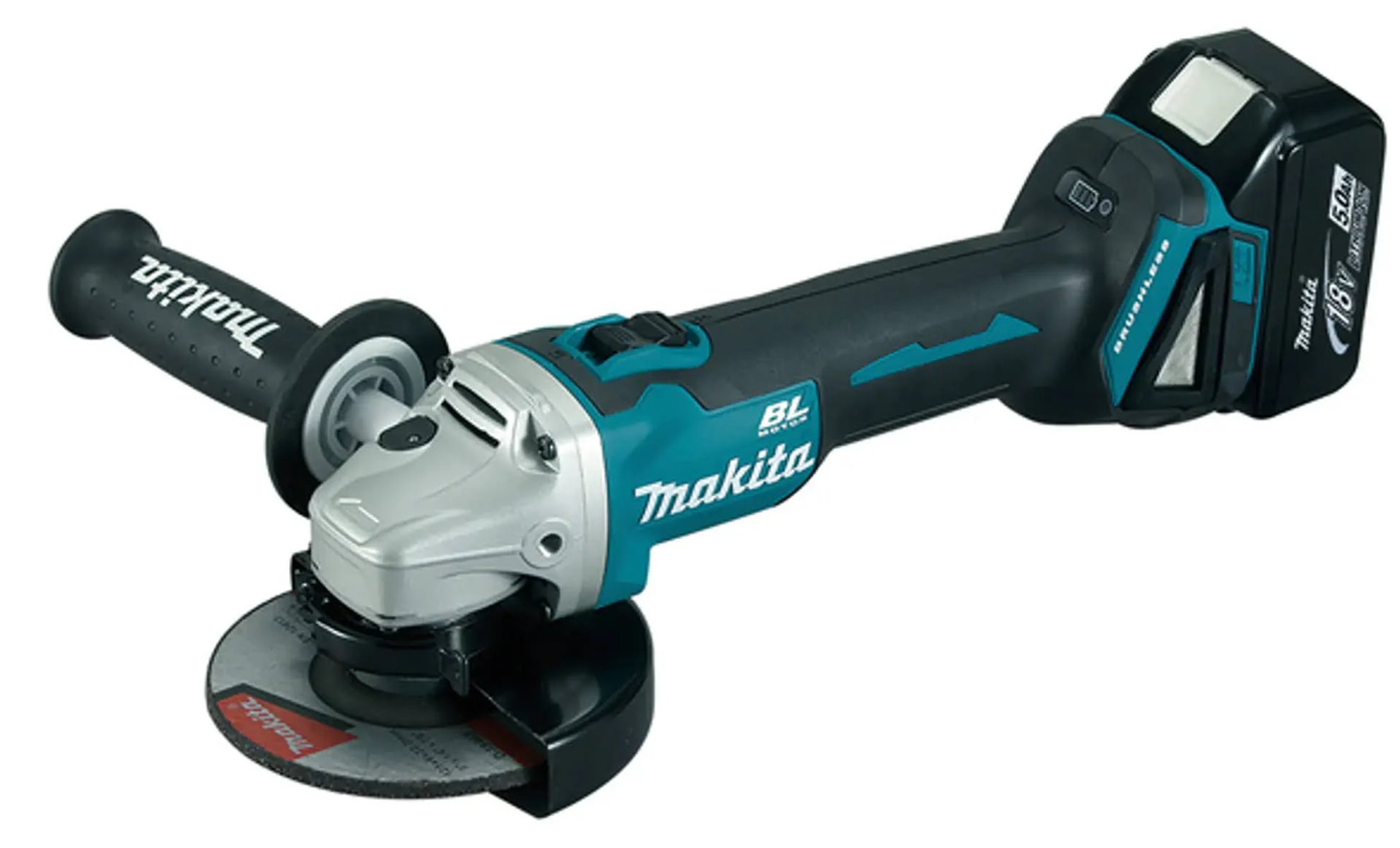 Makita Akku-Winkelschleifer mit schwarzem Griff und Schleifscheibe. Schwarz-Türkis-Farbschema. Weißer HG.