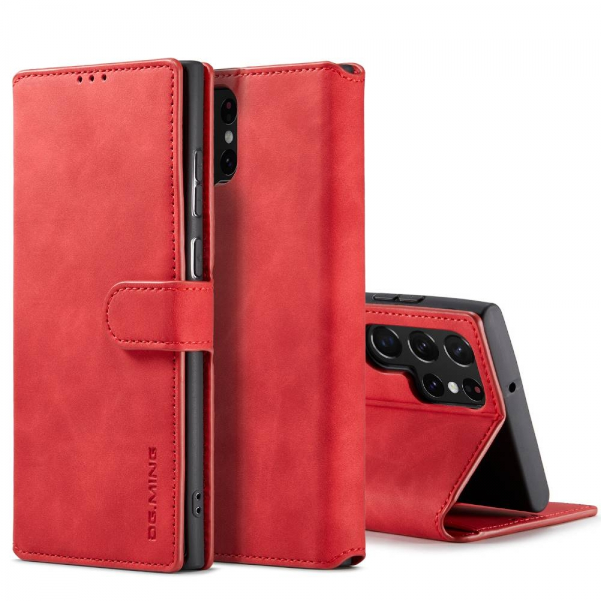 Rote Handyhülle, offen und geschlossen, mit Telefon darin. Die Hülle hat einen Magnetverschluss.