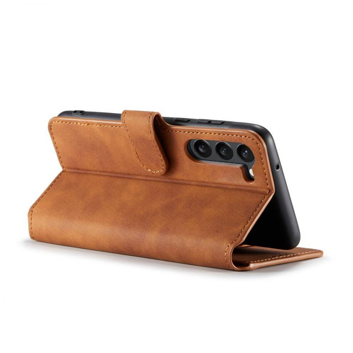 Braune Handyhülle mit Telefon. Die Hülle ist lederartig, das Telefon ist sichtbar.