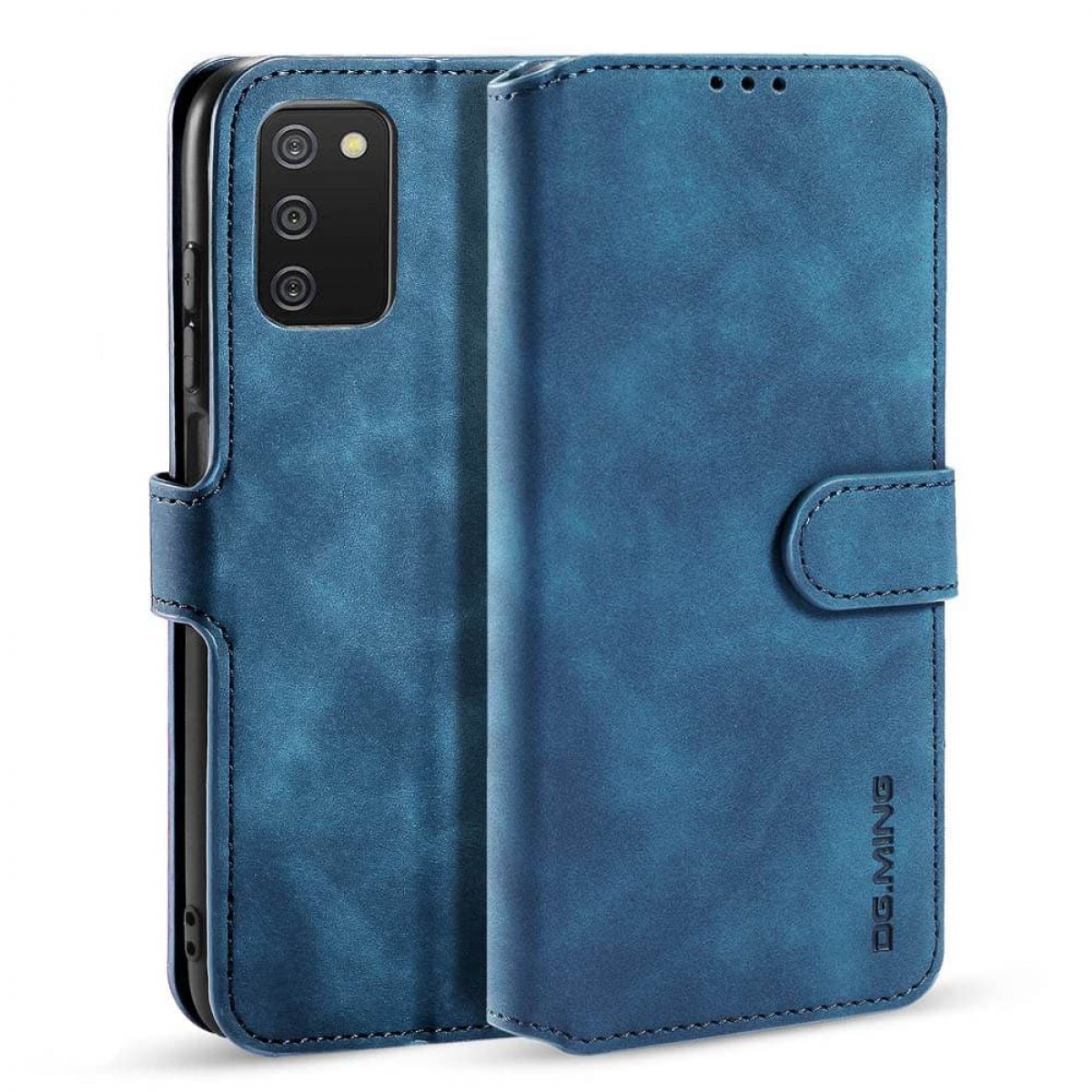Blaues Leder-Handycase, geschlossen, mit Knopfverschluss. Kamerateil sichtbar.