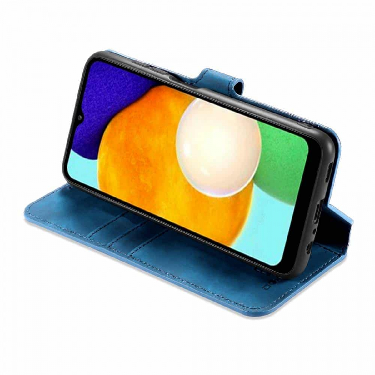 Blaue Handyhülle mit offenem Telefon. Das Telefon hat einen bunten Bildschirm.