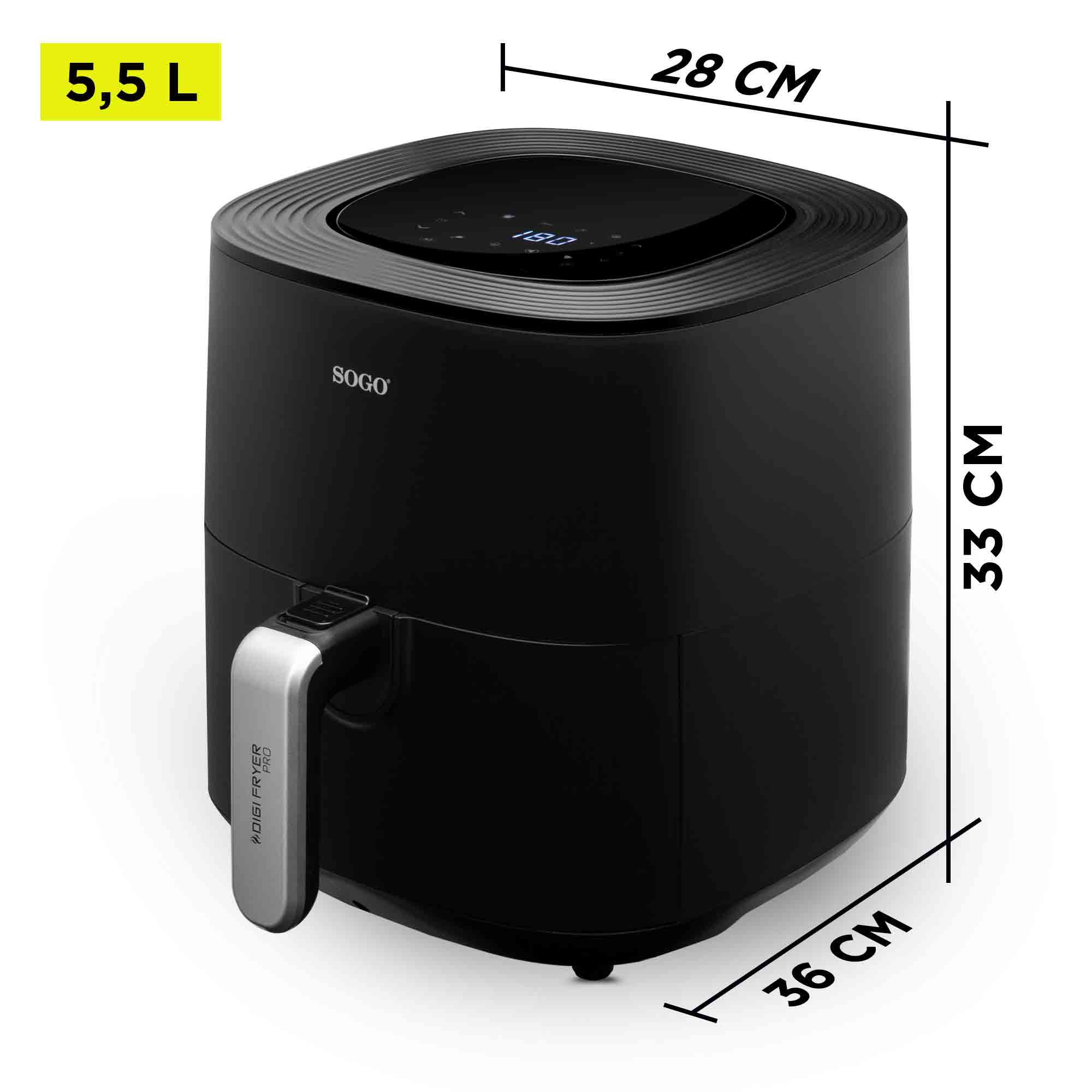 Friggitrice ad aria Sogo nera con dimensioni: 36x33x28 cm e capacità 5,5L.