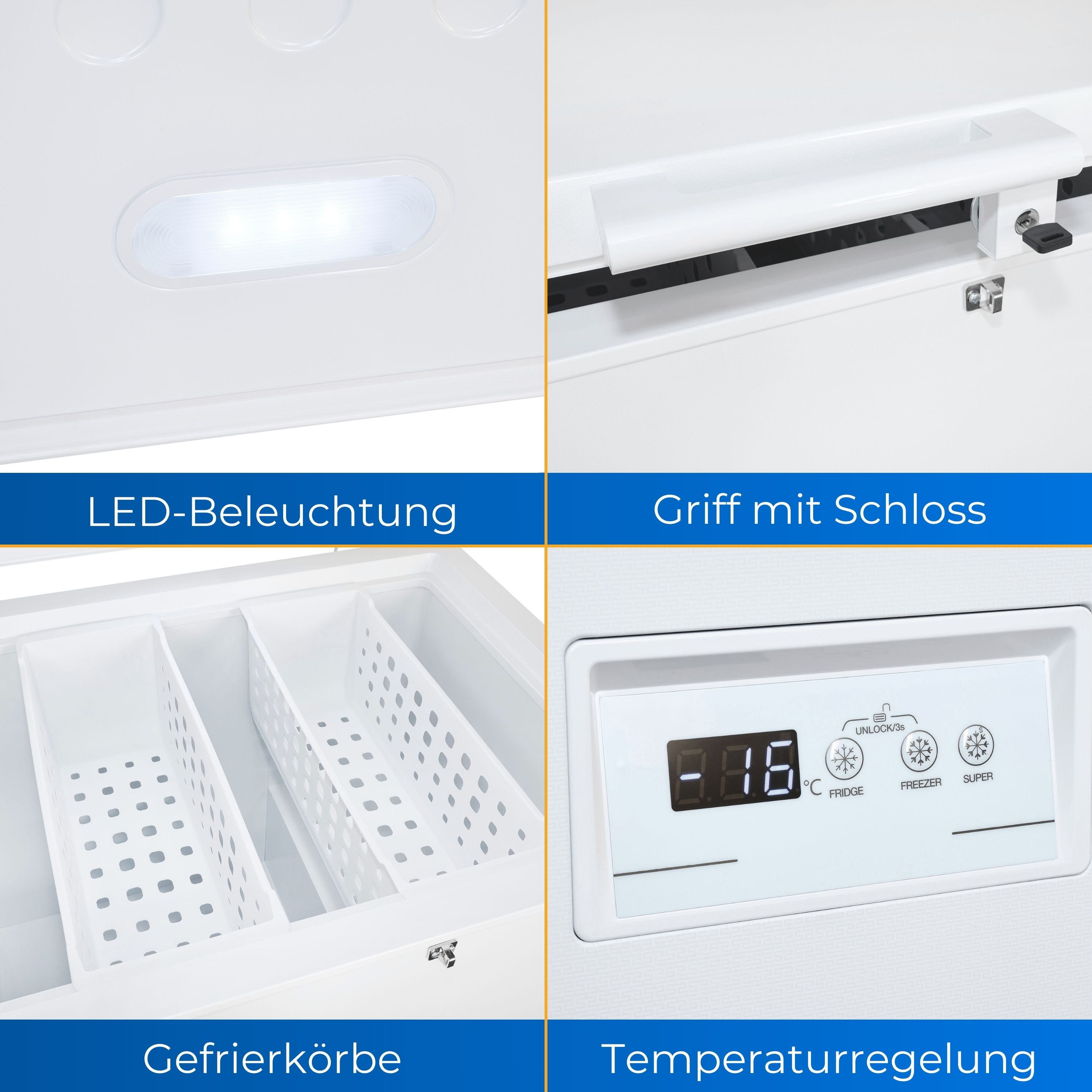 Nahaufnahmen eines weißen Gefrierschranks mit Etiketten und Innenkomponenten.