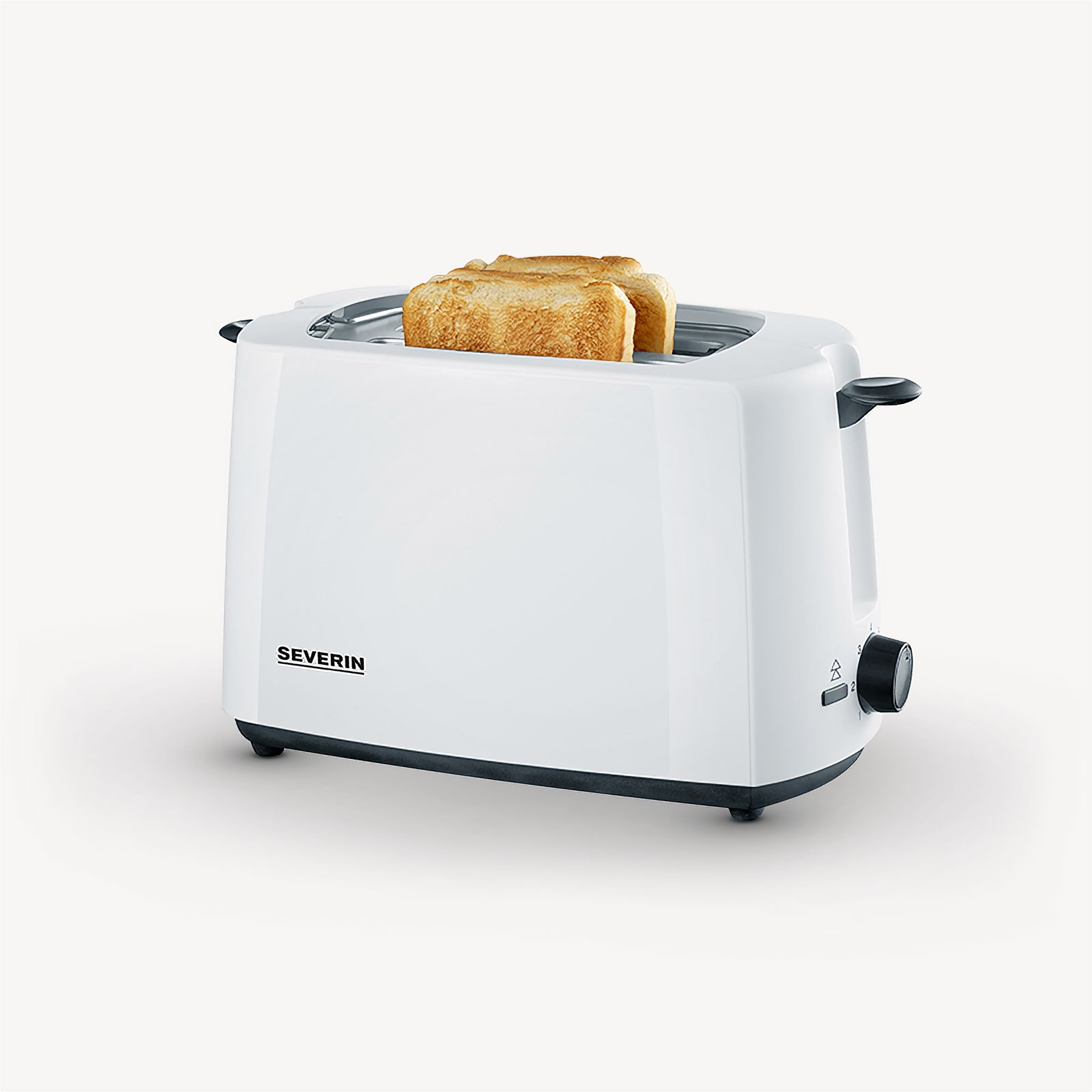 Weißer Toaster mit zwei Toastbrotscheiben, isoliert auf Weiß.