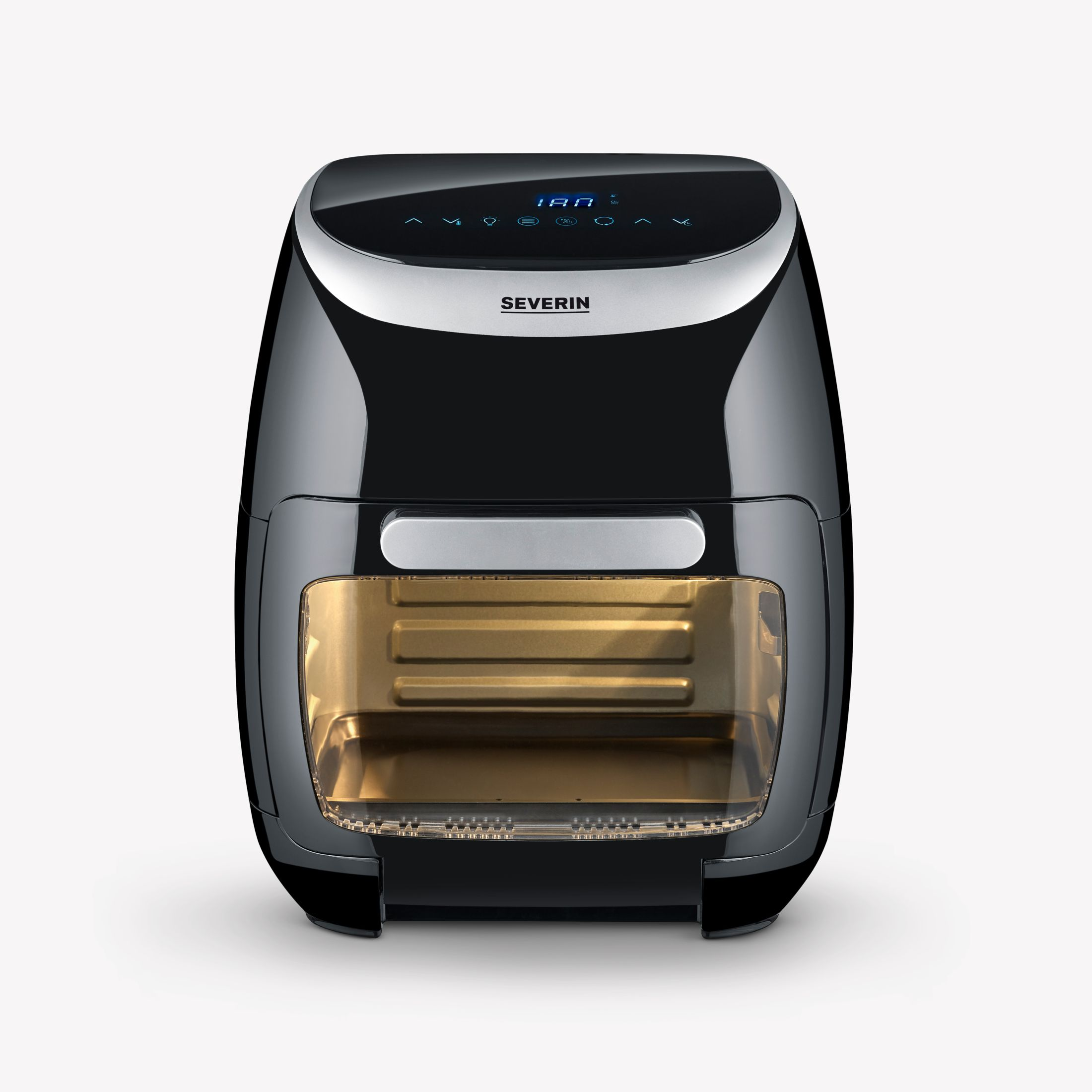 Czarna frytkownica Severin. Posiada cyfrowy wyświetlacz i szklane okno.