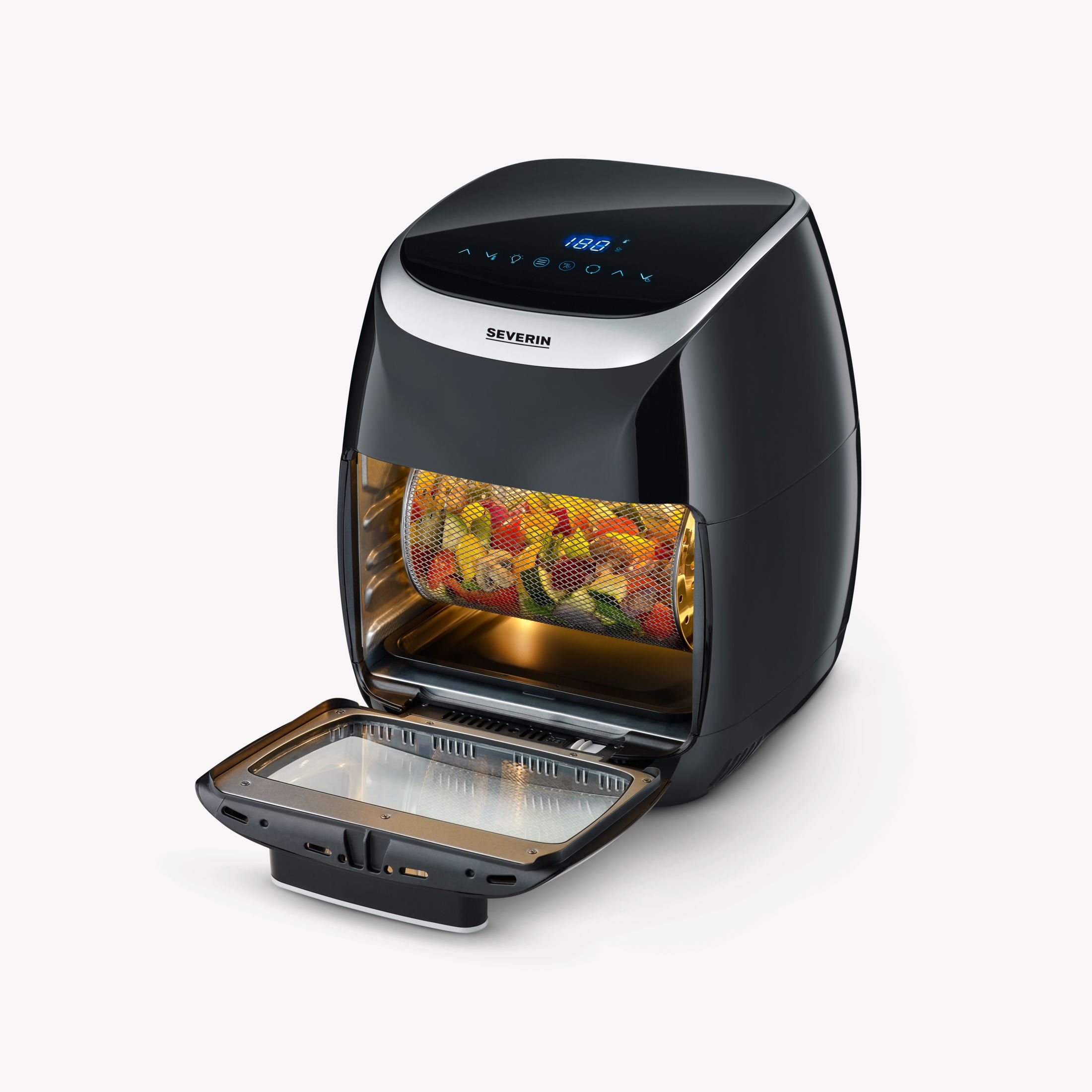 Czarna frytkownica powietrzna z otwartymi drzwiami. Tło jest białe.