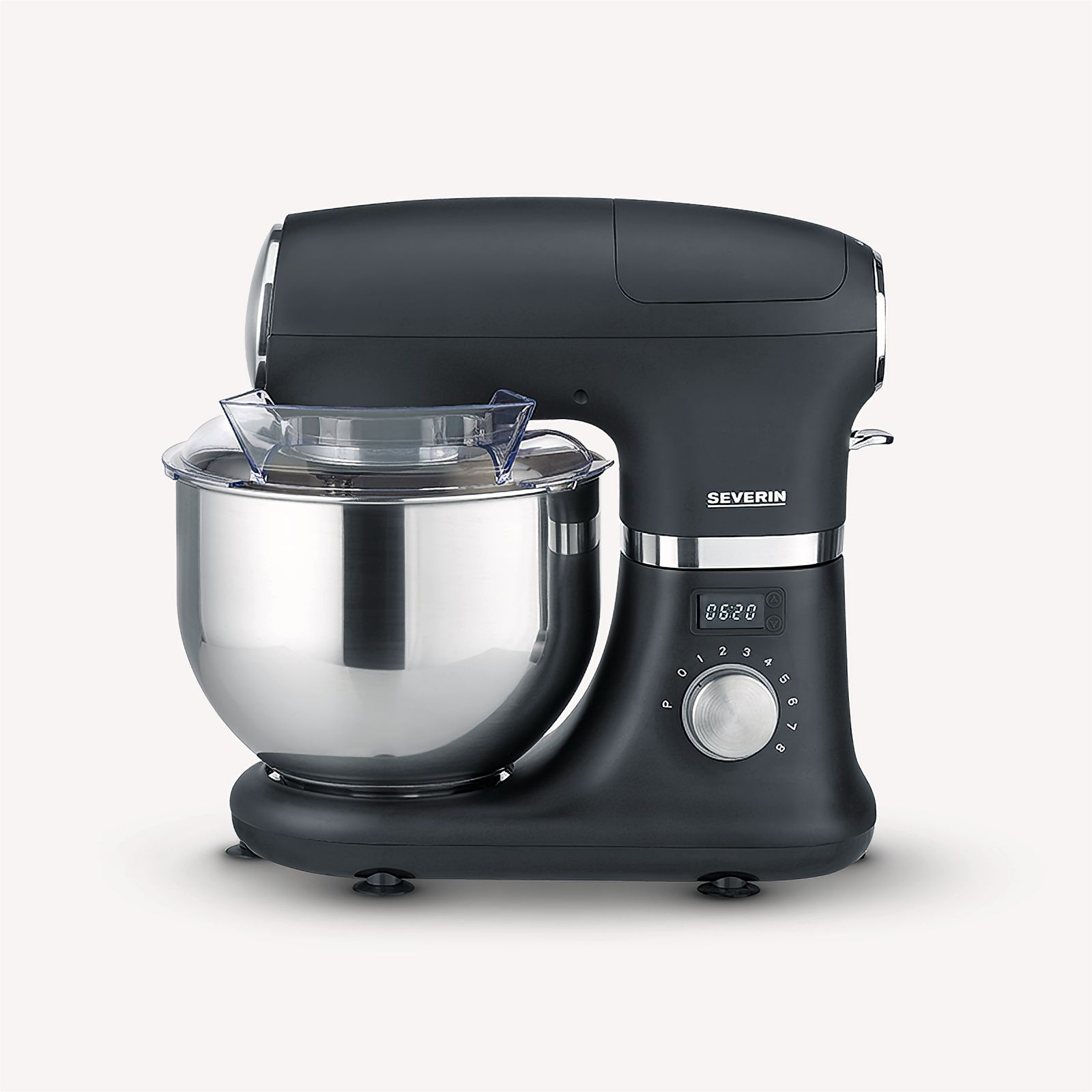 Schwarzer Küchenmixer mit Stahlschüssel. Severin-Markenname sichtbar.