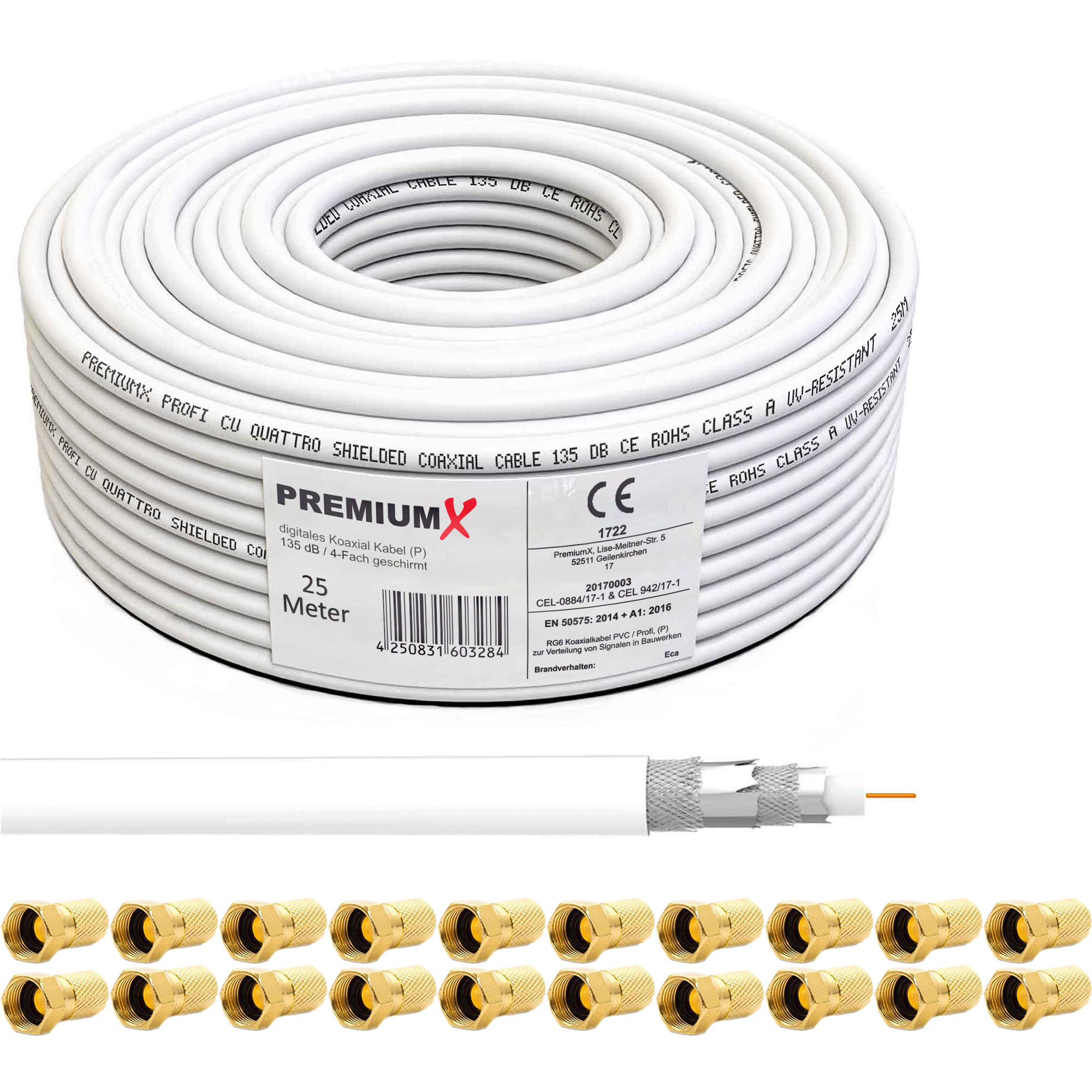 Weißes Koaxialkabel aufgerollt, mit goldenen Steckern und einem Produktetikett.