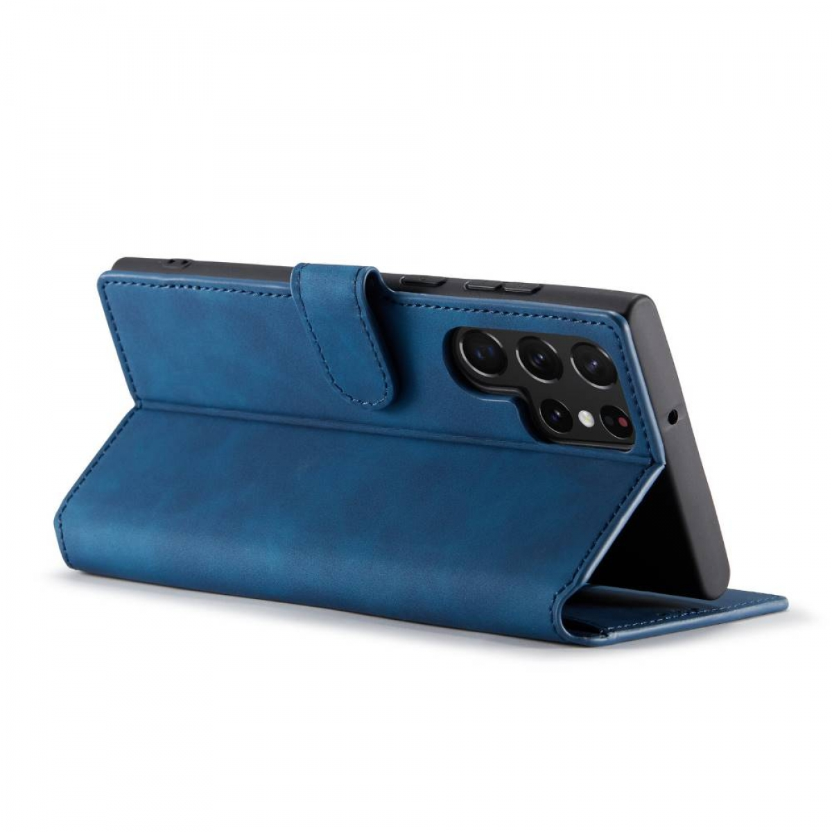 Blaue Handyhülle im Brieftaschen-Design, geöffnet stehend.