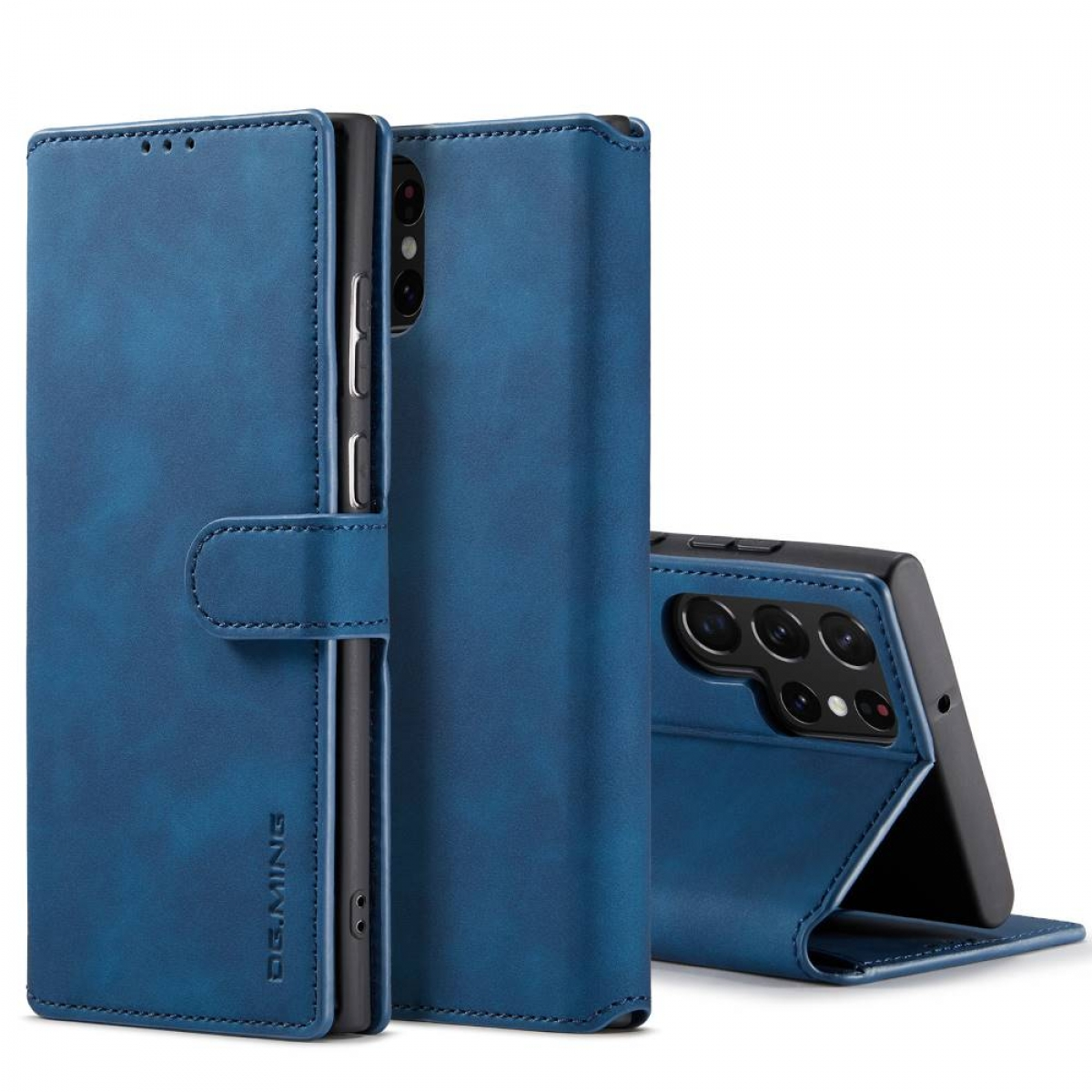 Blaues Leder-Handycase, geschlossen, mit Klappe und Magnetverschluss, und ein Telefon darin.